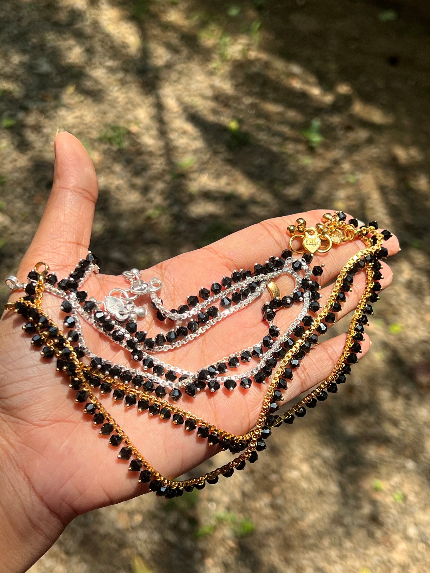Trending gold and silver polish black beads anklets product code 480