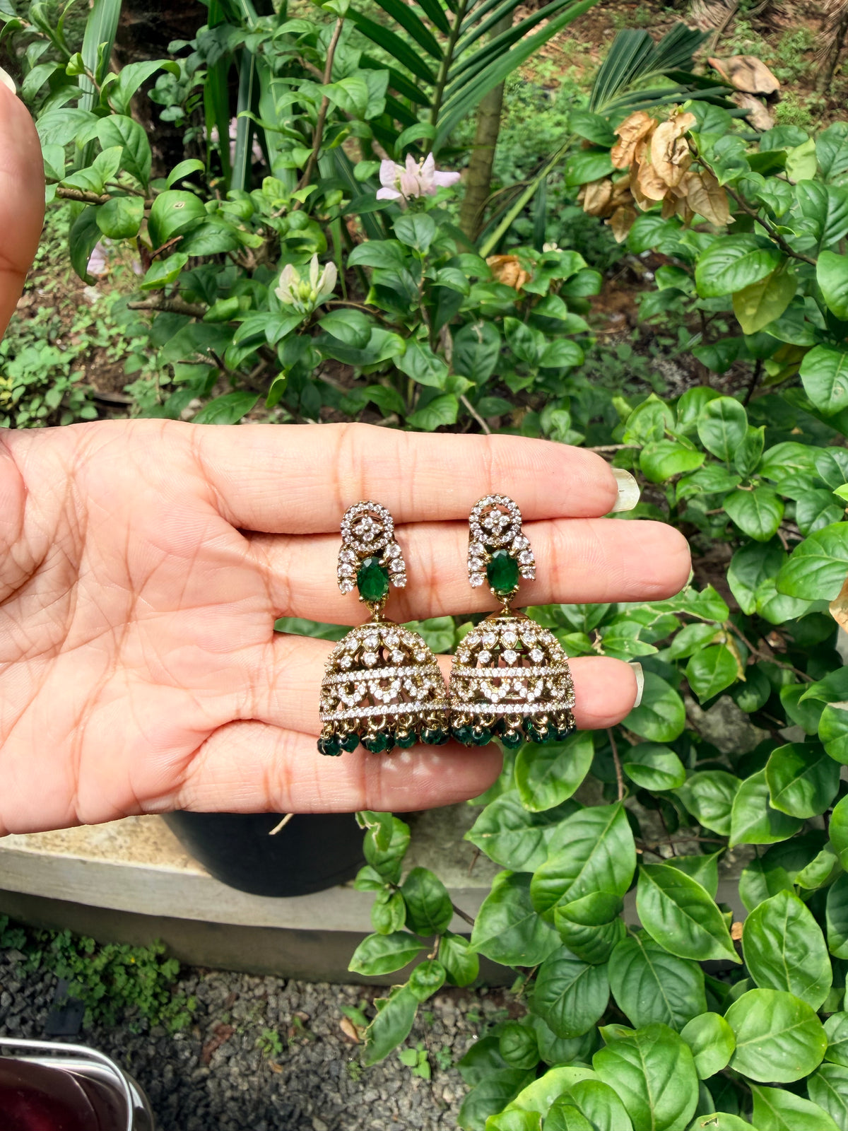 Premium quality ad green stone hanging jhumka Product code E258