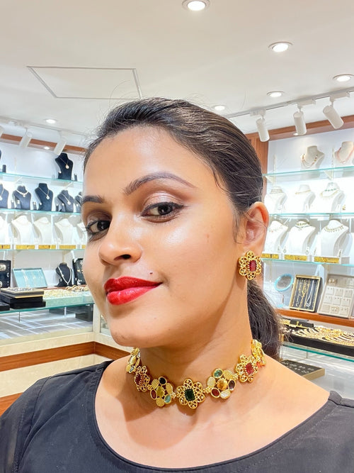 Premium quality trending gold polish Multi color stone bridal necklace come choker set with back chain product code BN01
