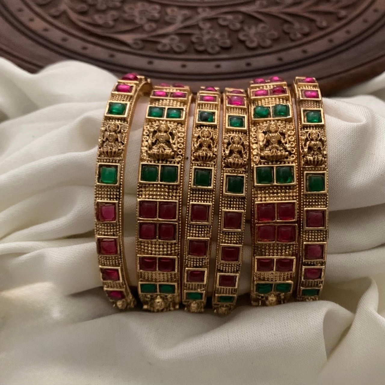 Premium antique gold Lakshmi Devi ruby green stone bangles set of 6 product code B223