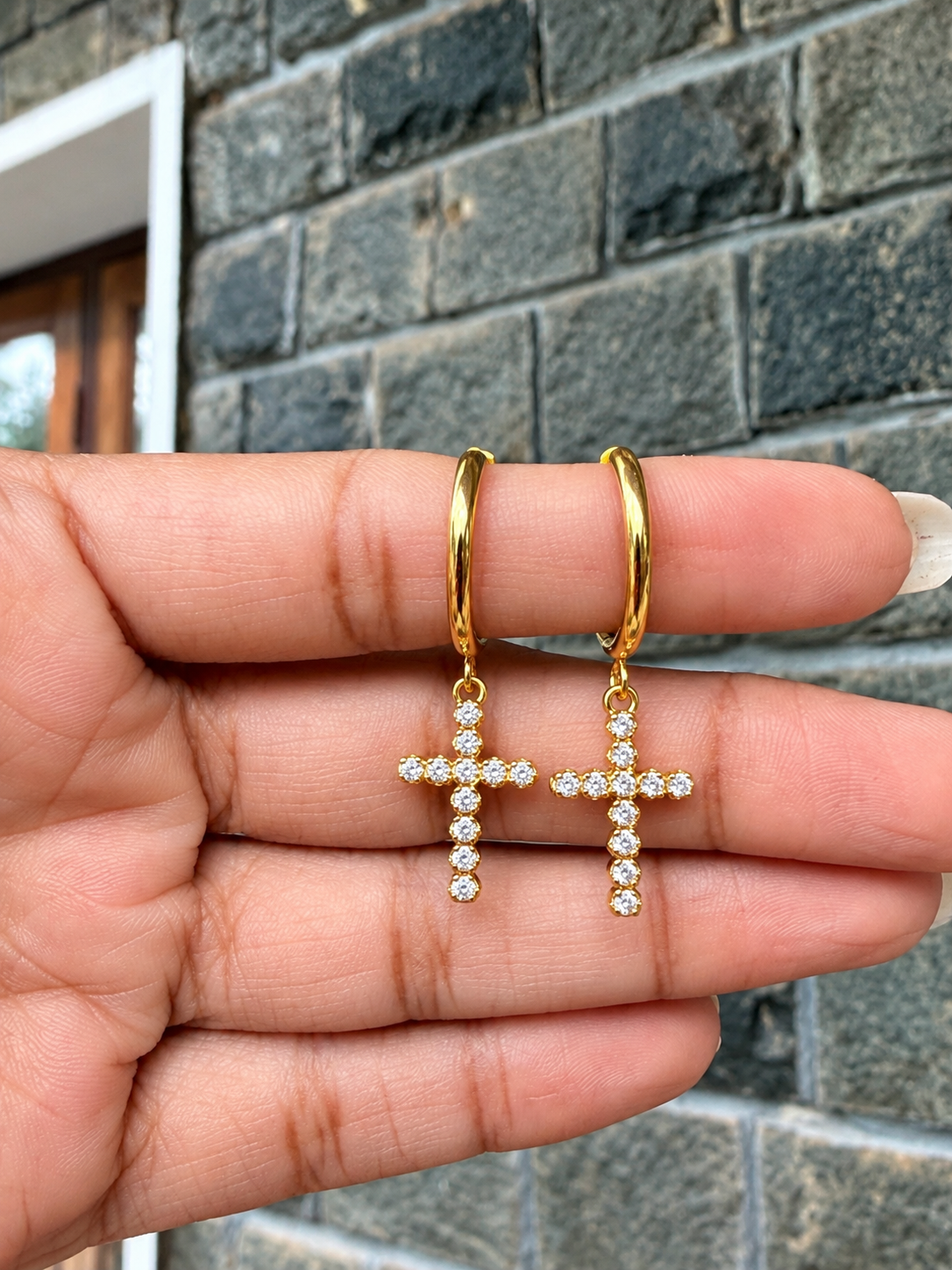 Premium gold plated imported unisex cross hanging earrings product code E261
