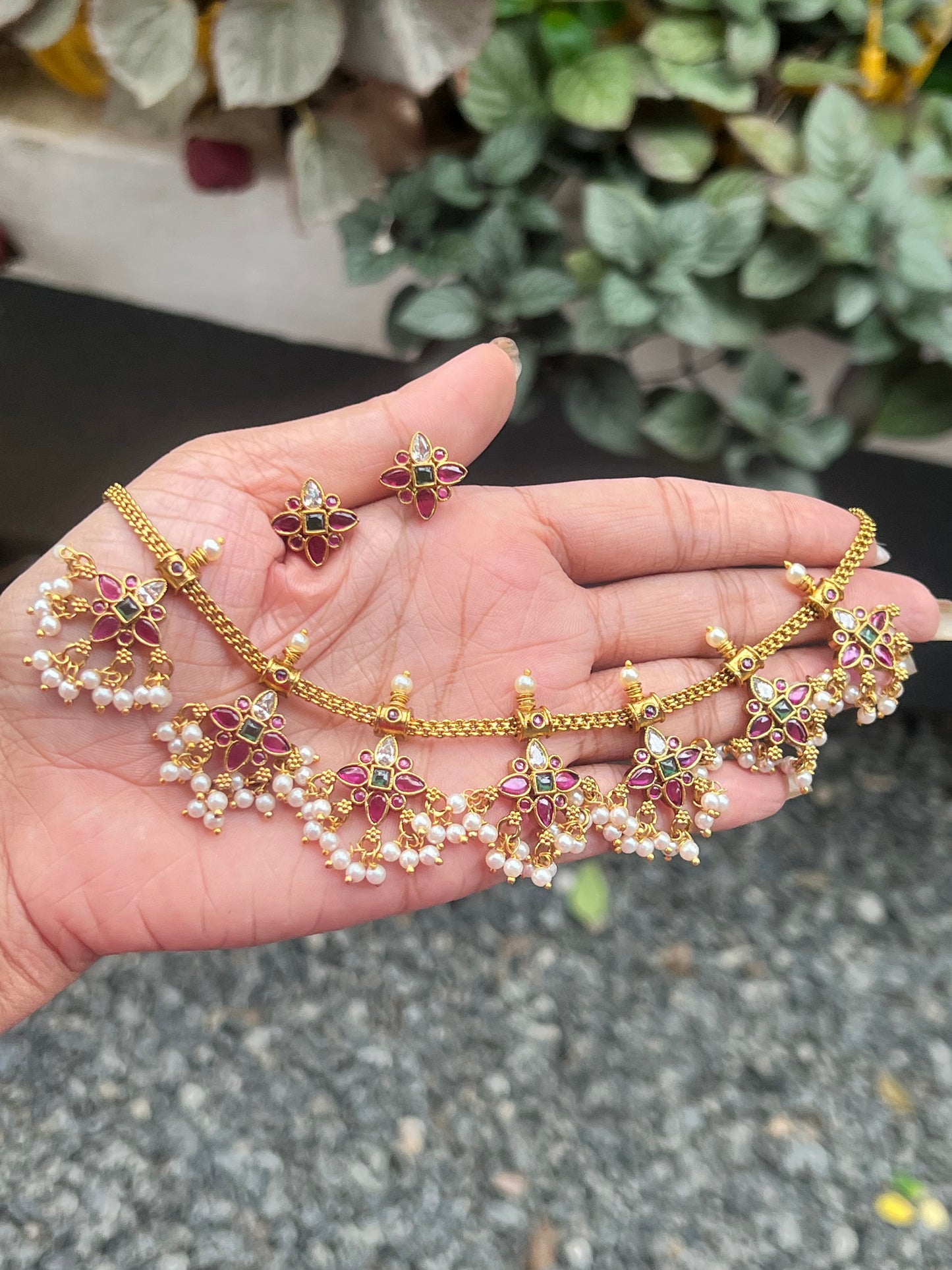 Premium quality non idol traditional kemp stone necklace set product code T20