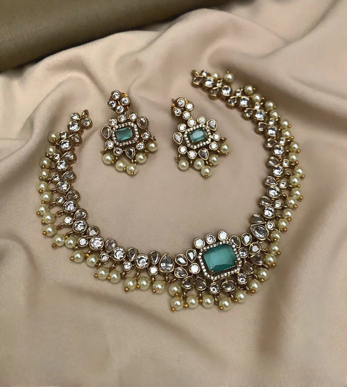 AD Stone Golden Grace jadau Kundan Necklace Set product code 435