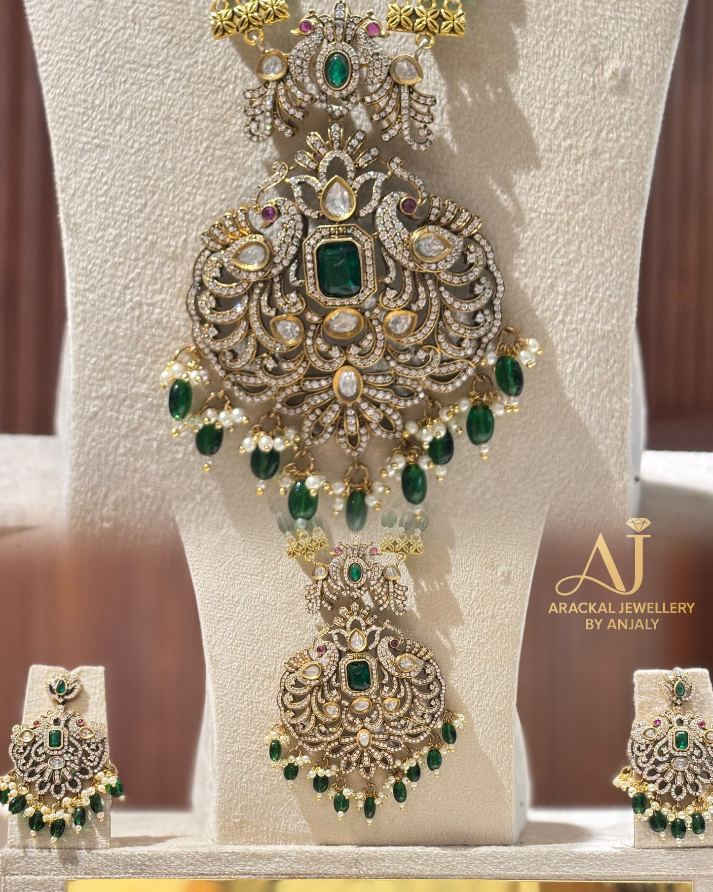 Premium emerald green beads 3 layer long Victorian pendant haram set product code N232