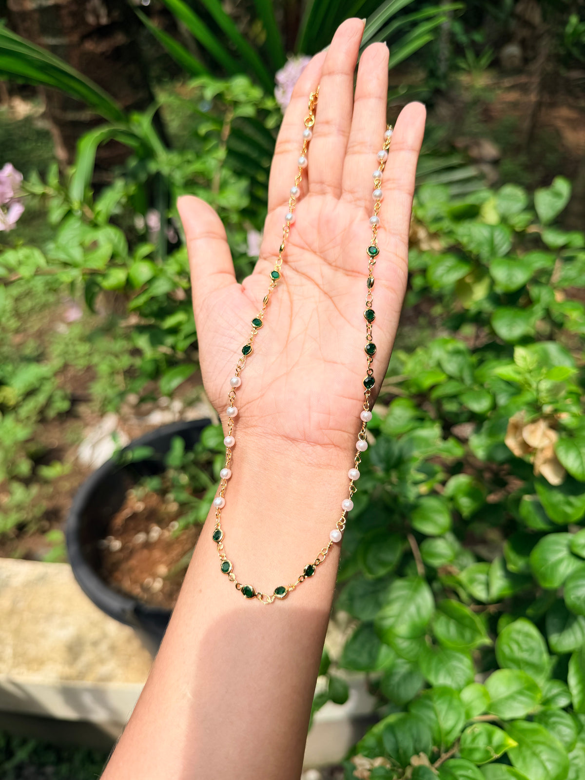 Premium gold plated daily wear one layer green beads with pearl necklace Product code P172