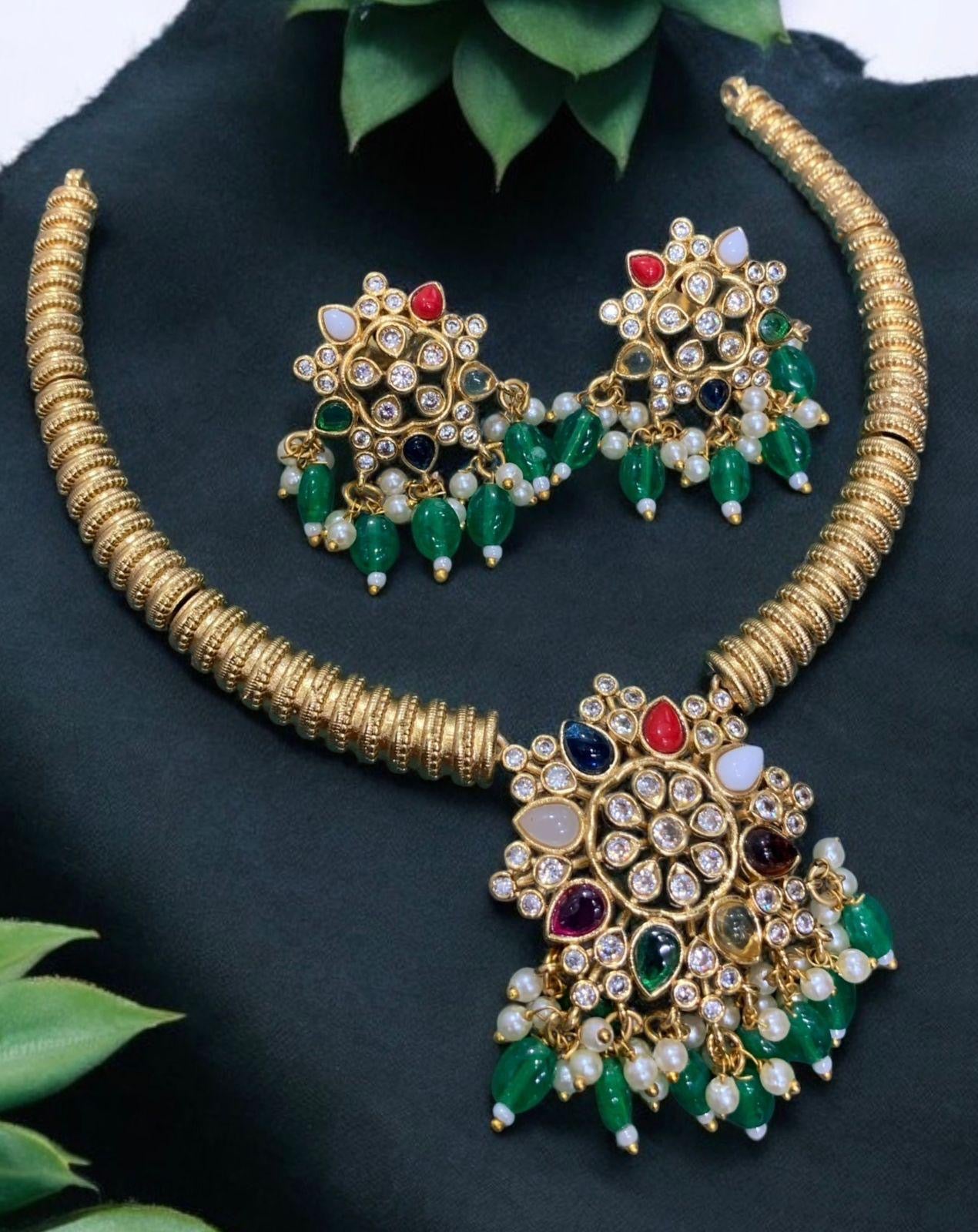 Premium Navaratna kemp stone hanging beads necklace product code 1076