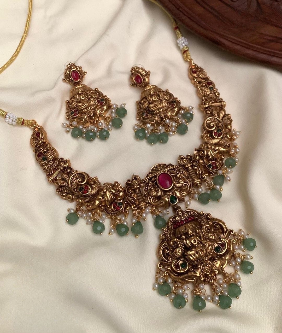Lakshmi Nagas green beads hanging necklace product code 749