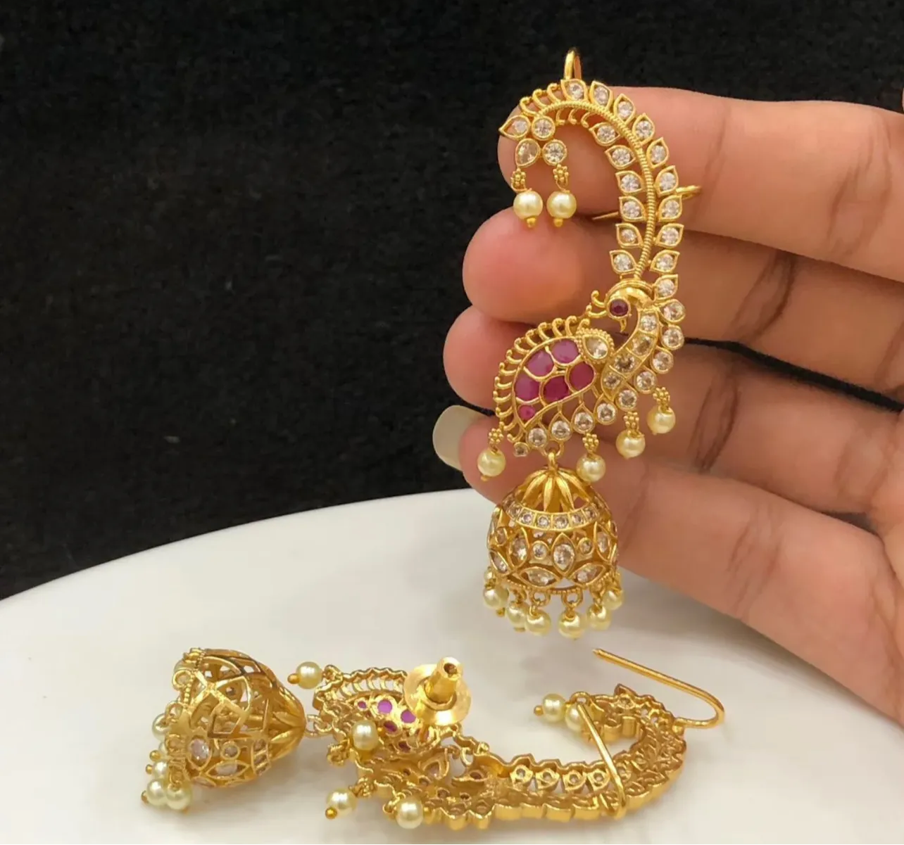 Premium jadau Kundan peacock ad earcuff jhumkas product code 111