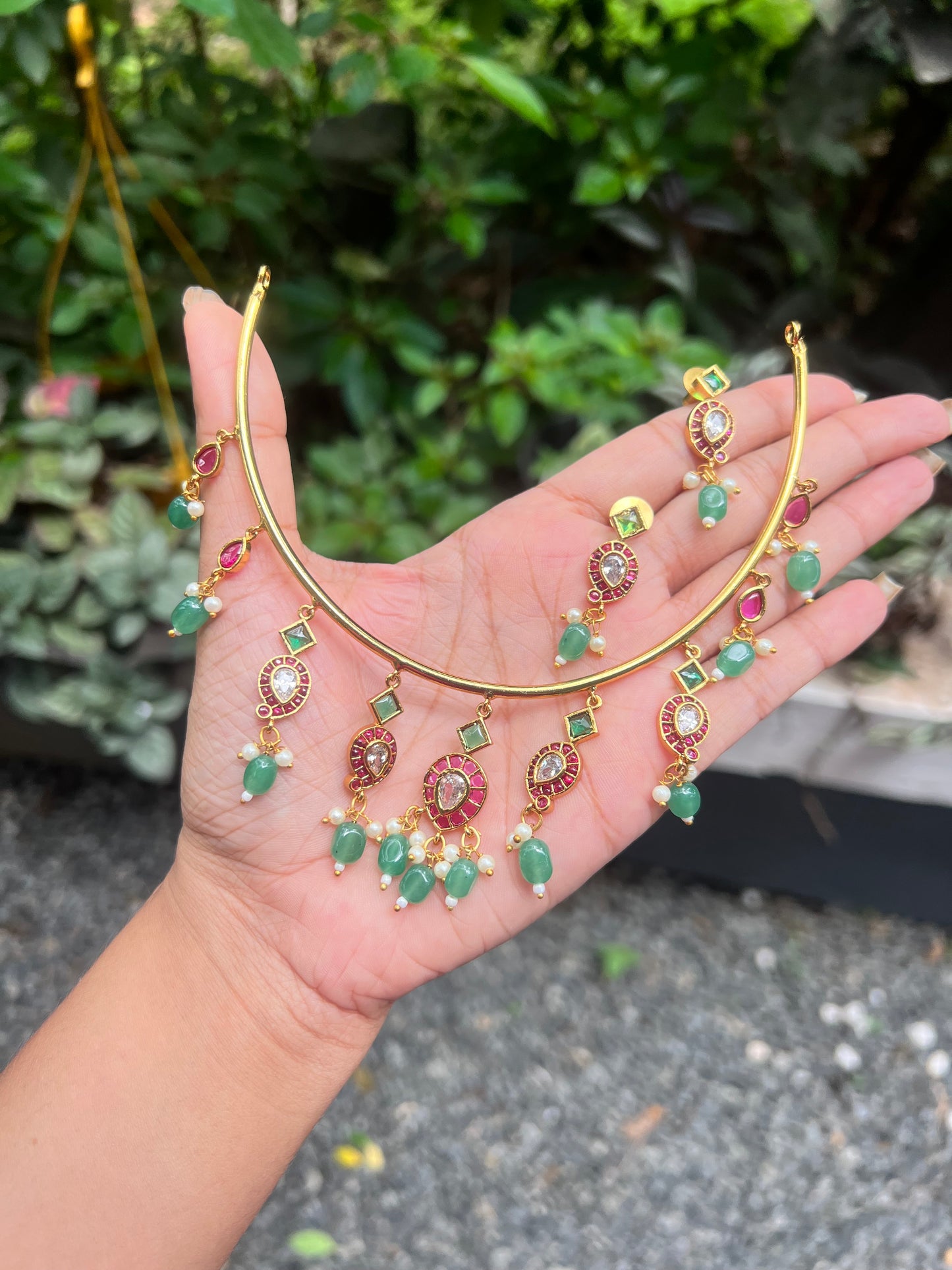 Premium quality ruby kemp stone green beads hanging hasli set product code T11