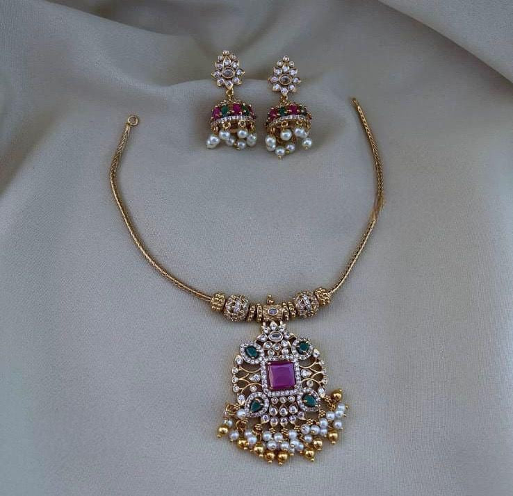 Premium jadau Kundan pendant style necklace with jhumka