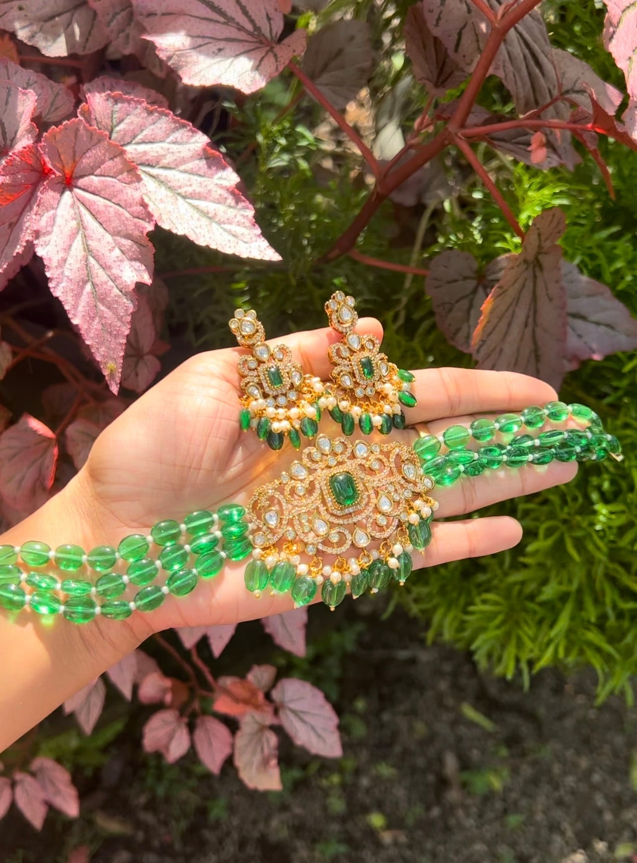 Premium emerald green ad 3 layer choker set