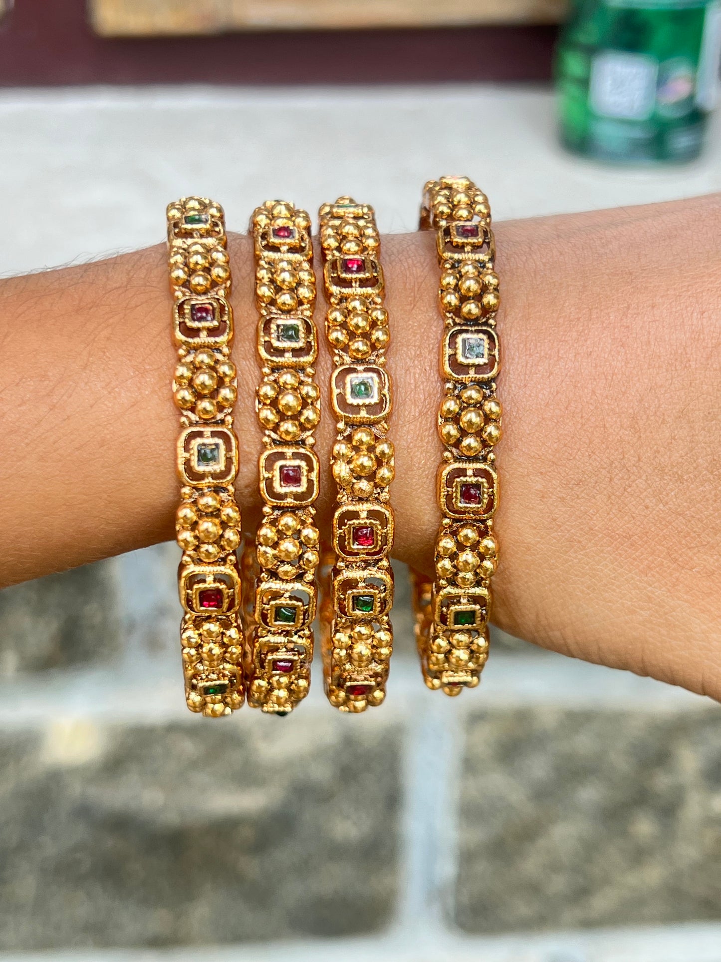 Premium matte finish ruby green stone bangles set of 4