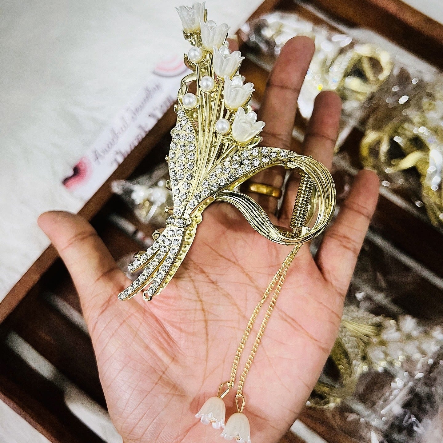 Premium imported Korean metal pearl flower tassels party wear hair claw clips product code 1023