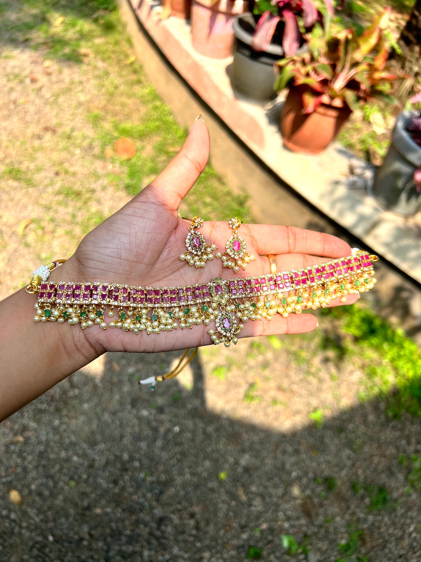 Premium kemp stone guttapusalu high neck choker set product code 1254