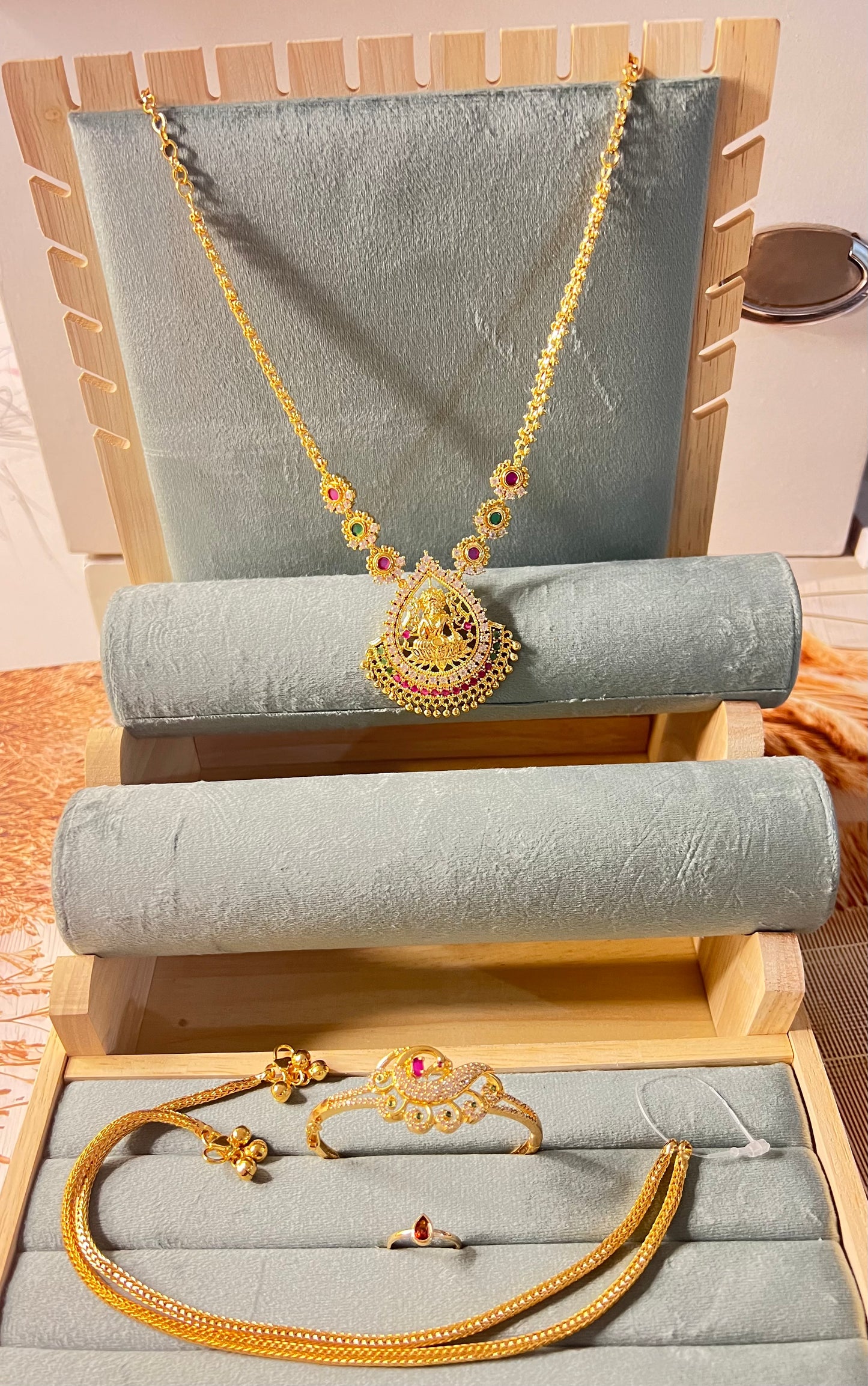 Gold plated necklace bracelet ring and anklets combo of 4