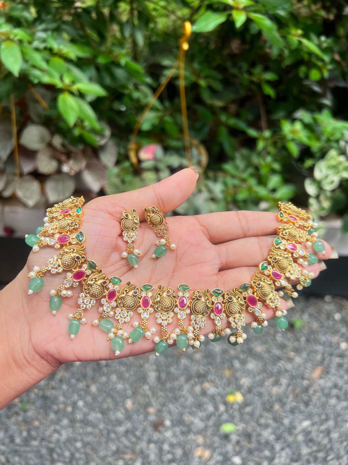 Premium quality antique gold peacock beads hanging non idol necklace set product code T10