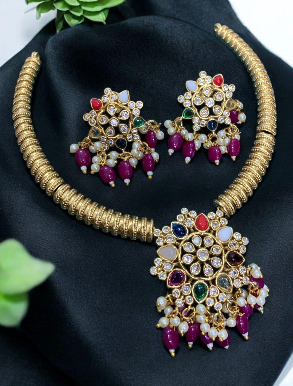 Premium Navaratna kemp stone hanging beads necklace product code 1076