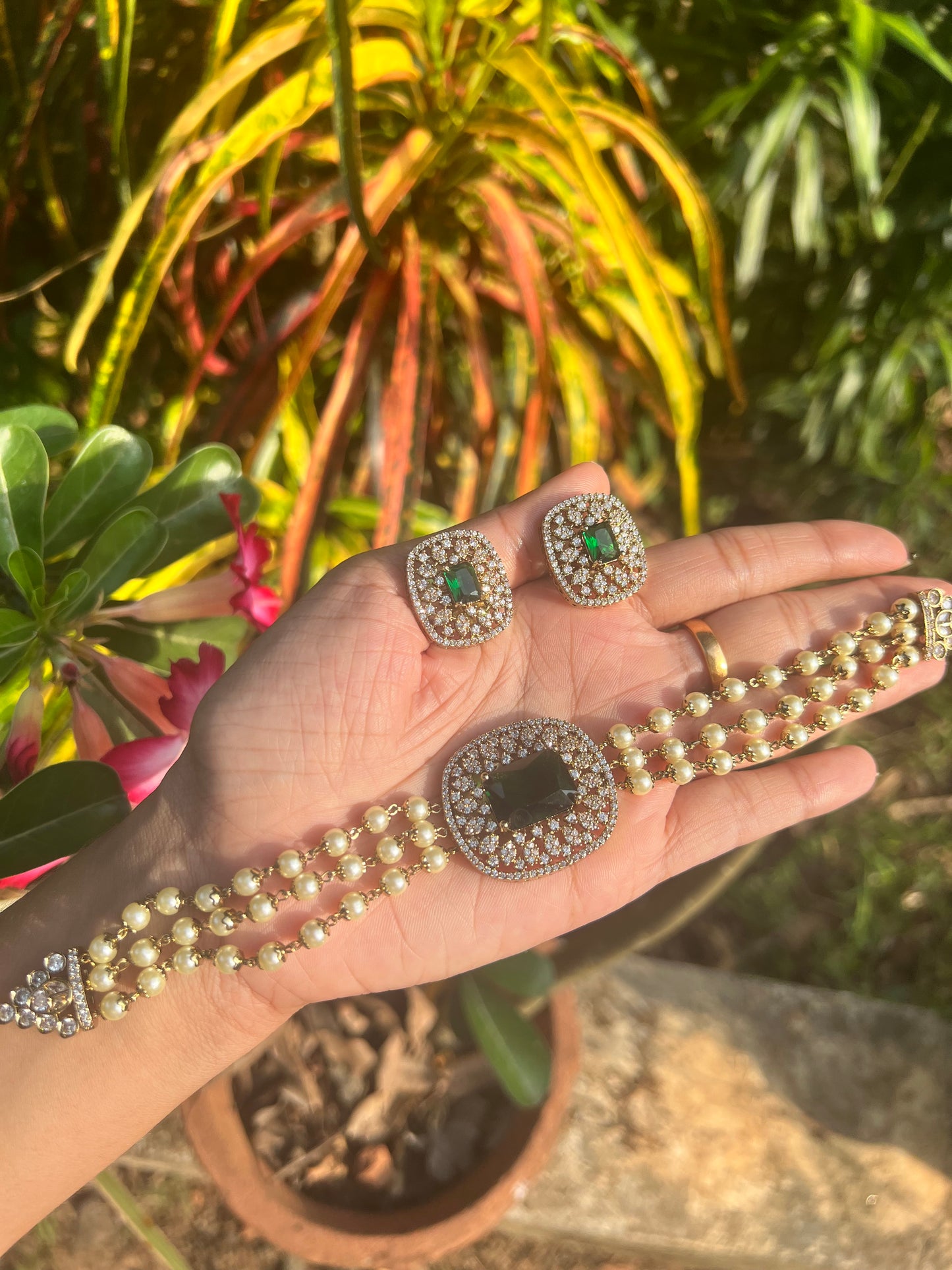 Premium 3 layer pearl ad stone choker set product code 941