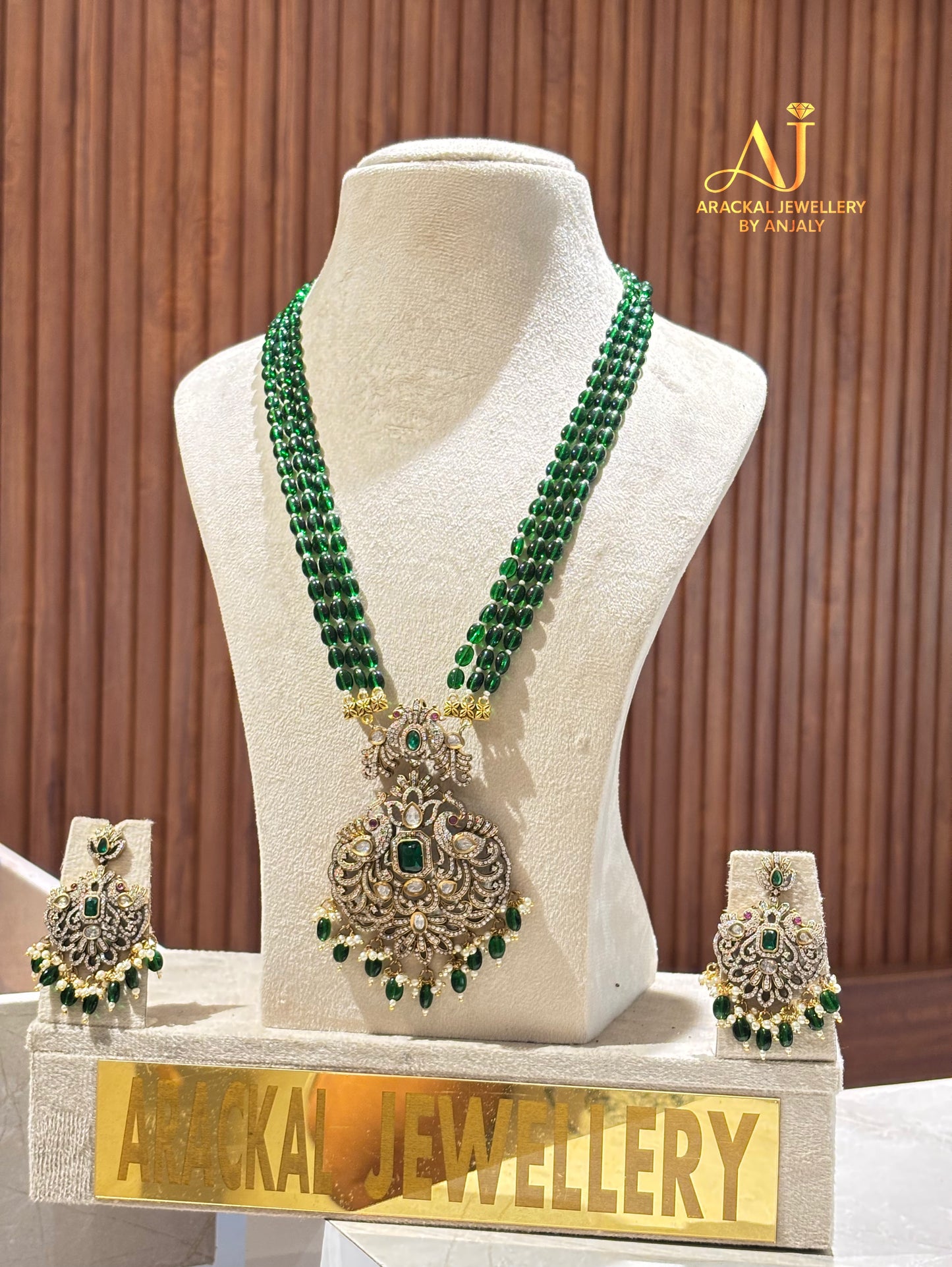 Premium emerald green beads 3 layer long Victorian pendant haram set product code N232