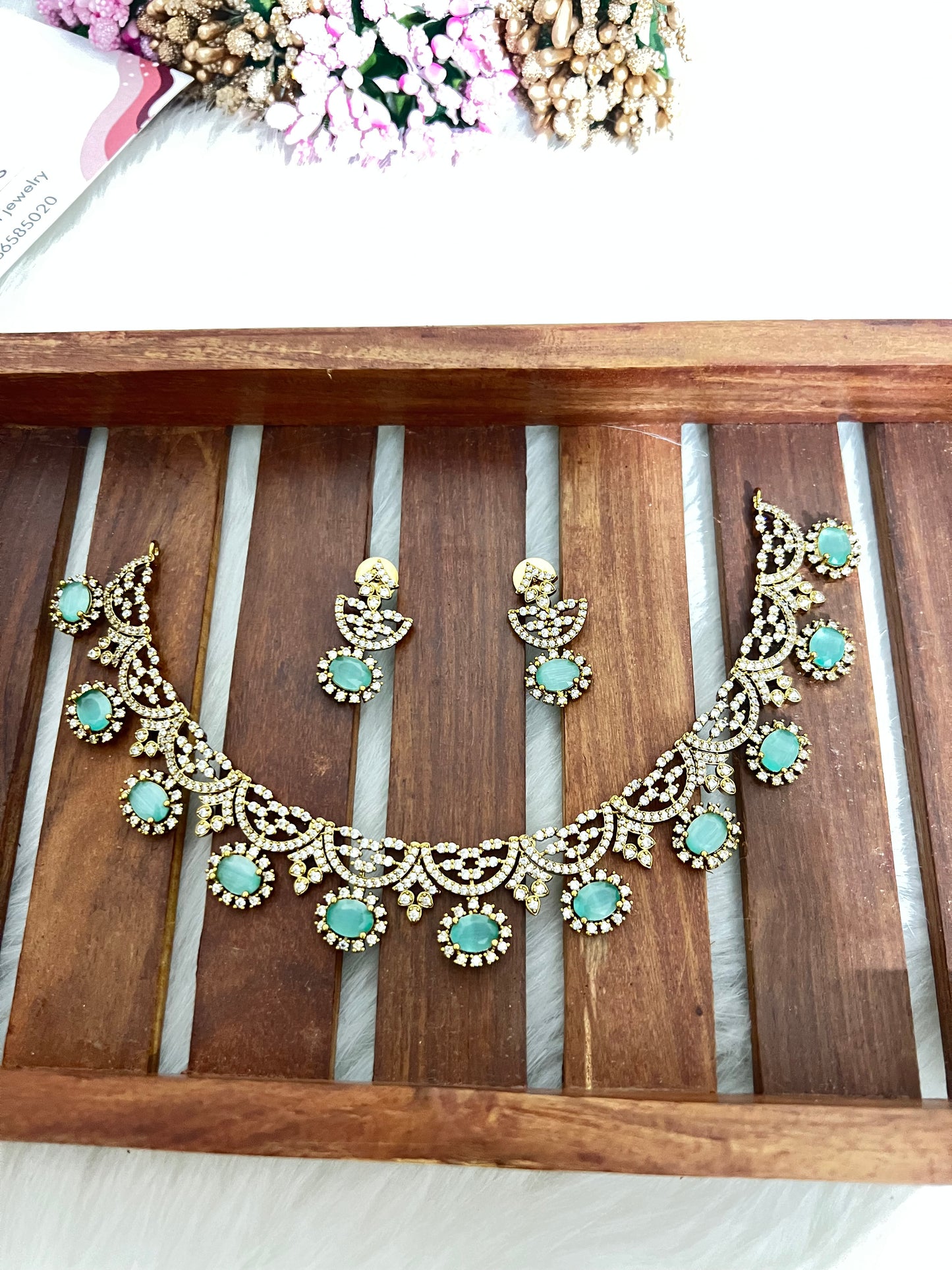 Crescent Blossom AD Stone Necklace Set 149