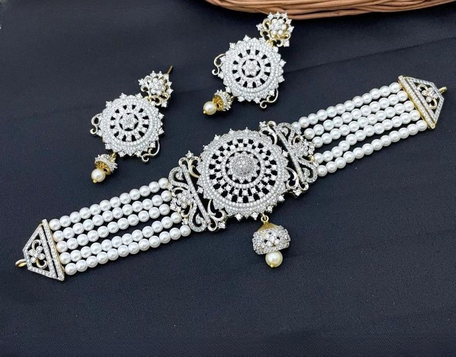 Premium AD silver finish Choker Necklace Set