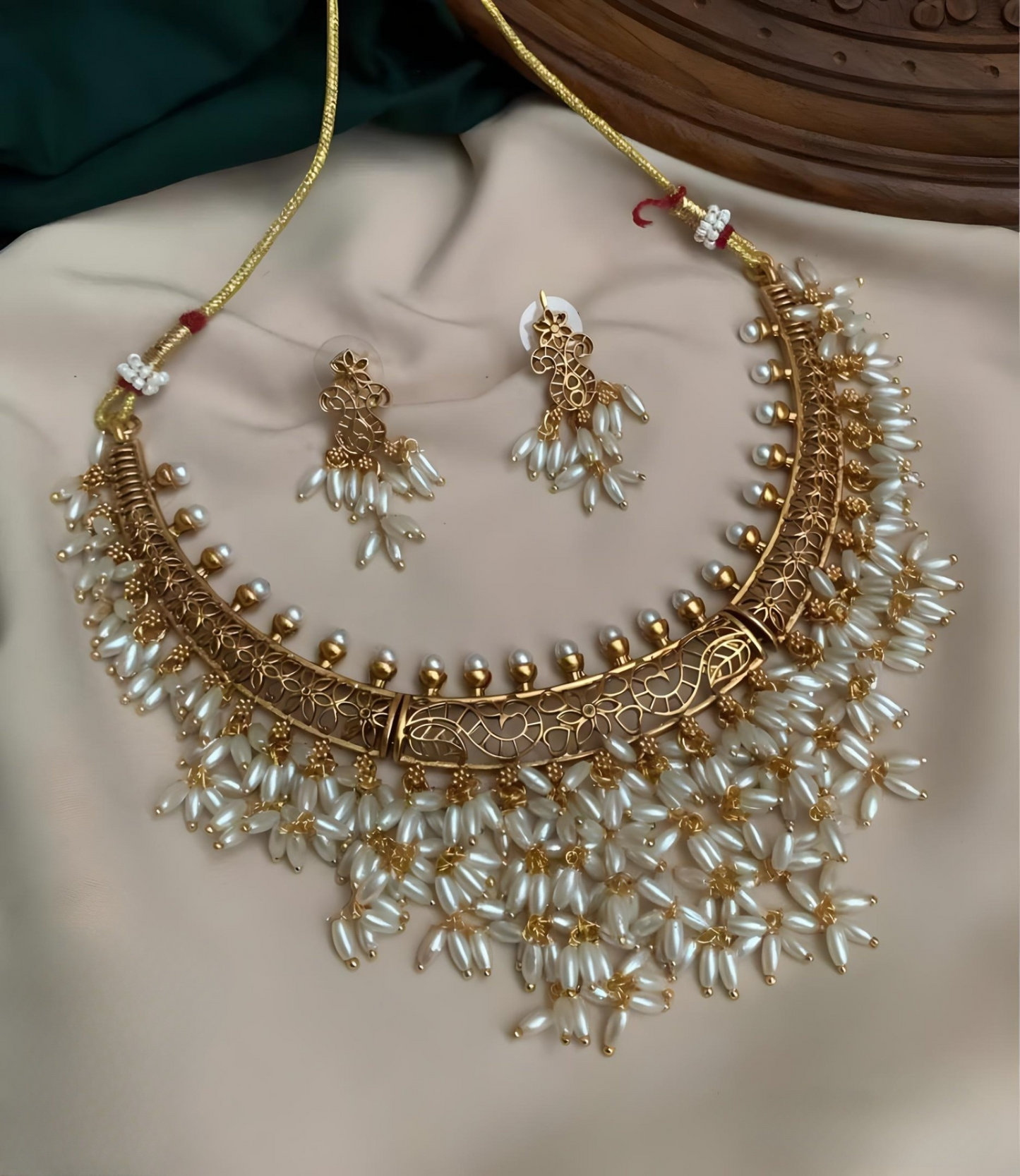 Premium Flower Mesh Rice Pearl necklace Set product code 1049