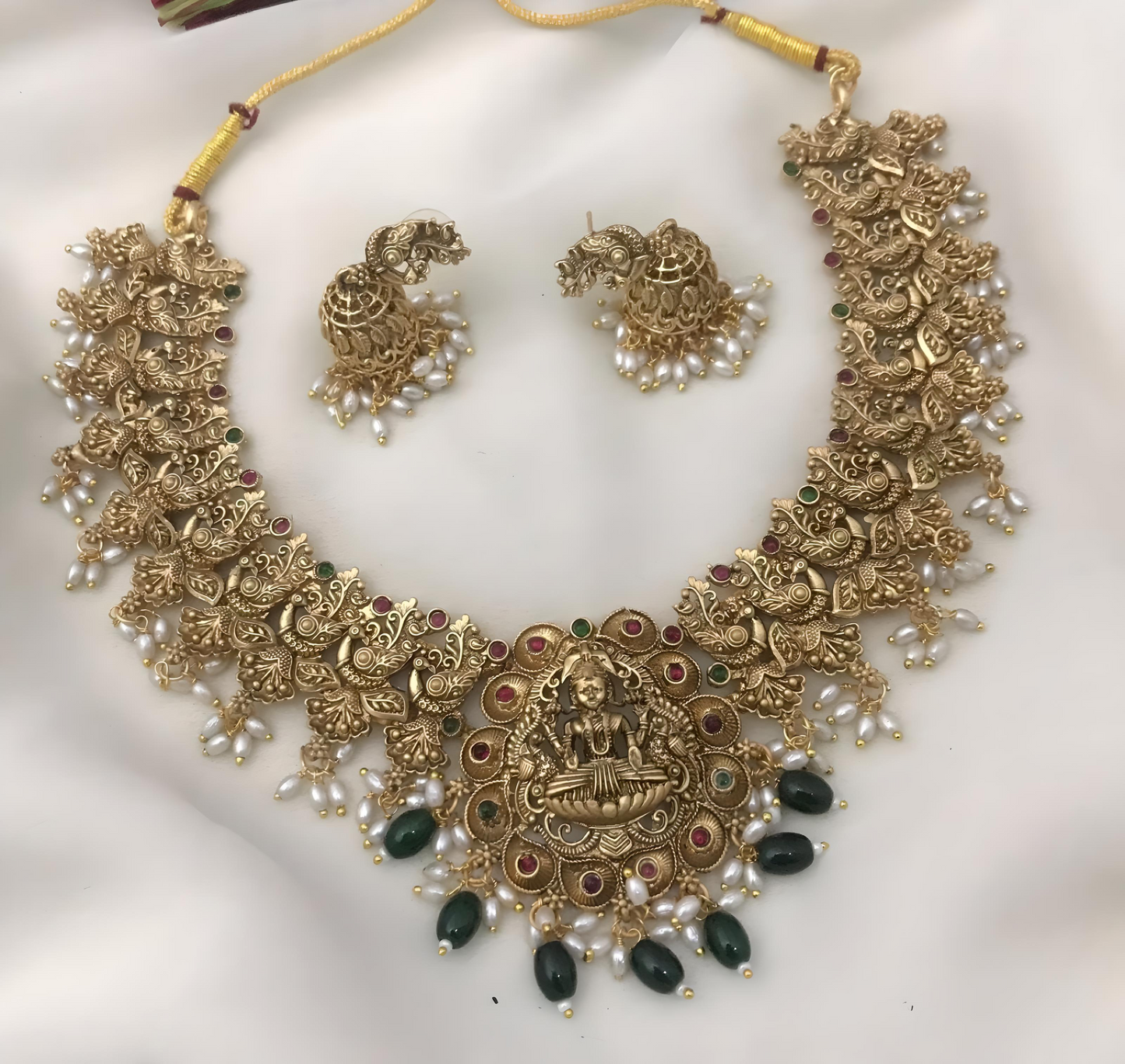 Lakshmi Peacock Hanging Rice Pearl Necklace Set product code 734