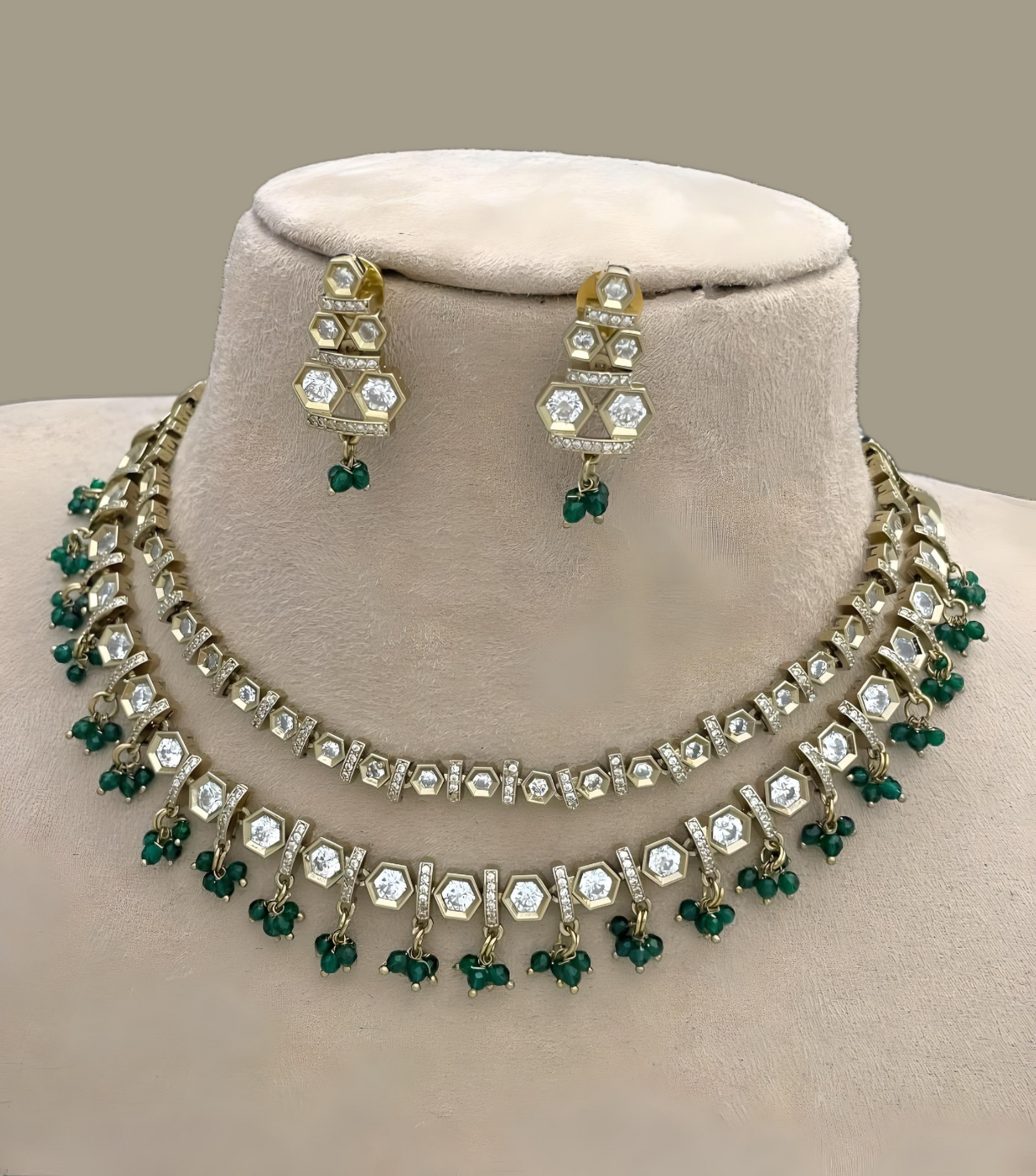 AD Stone Kundan Double Layered Necklace Set product code 182