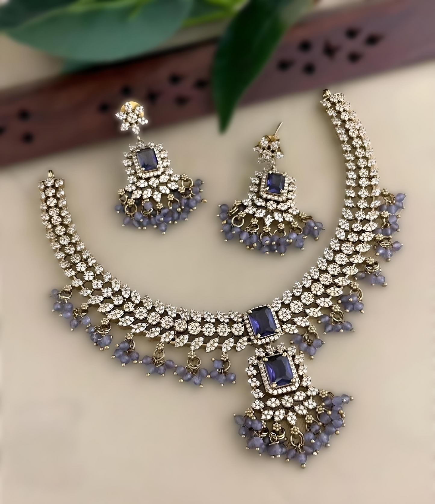 Premium AD Stone Beads Hanging Necklace Set product code 1095