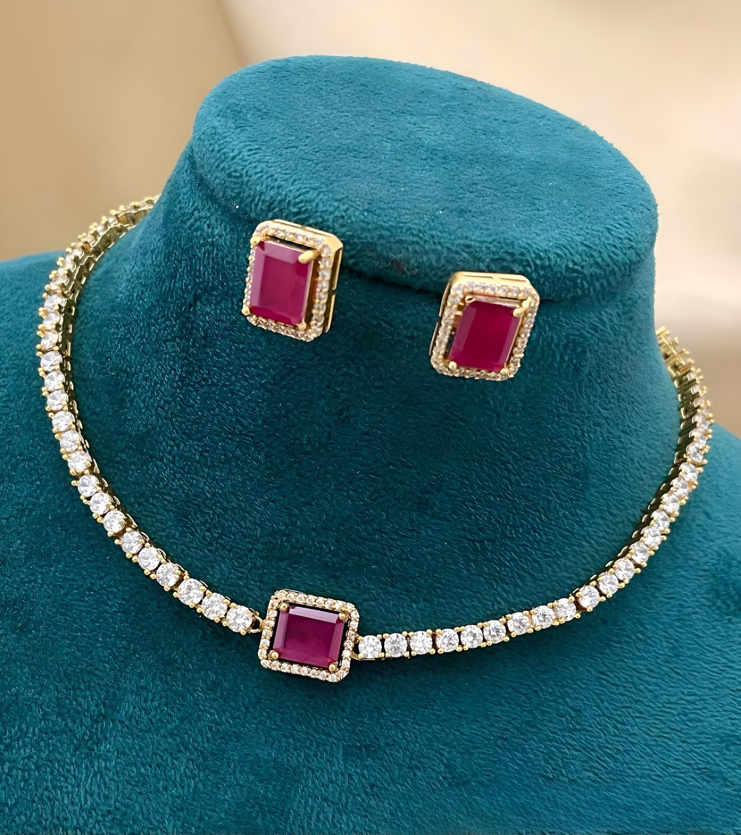 Premium Ruby diamond finish Choker Necklace Set product code 775