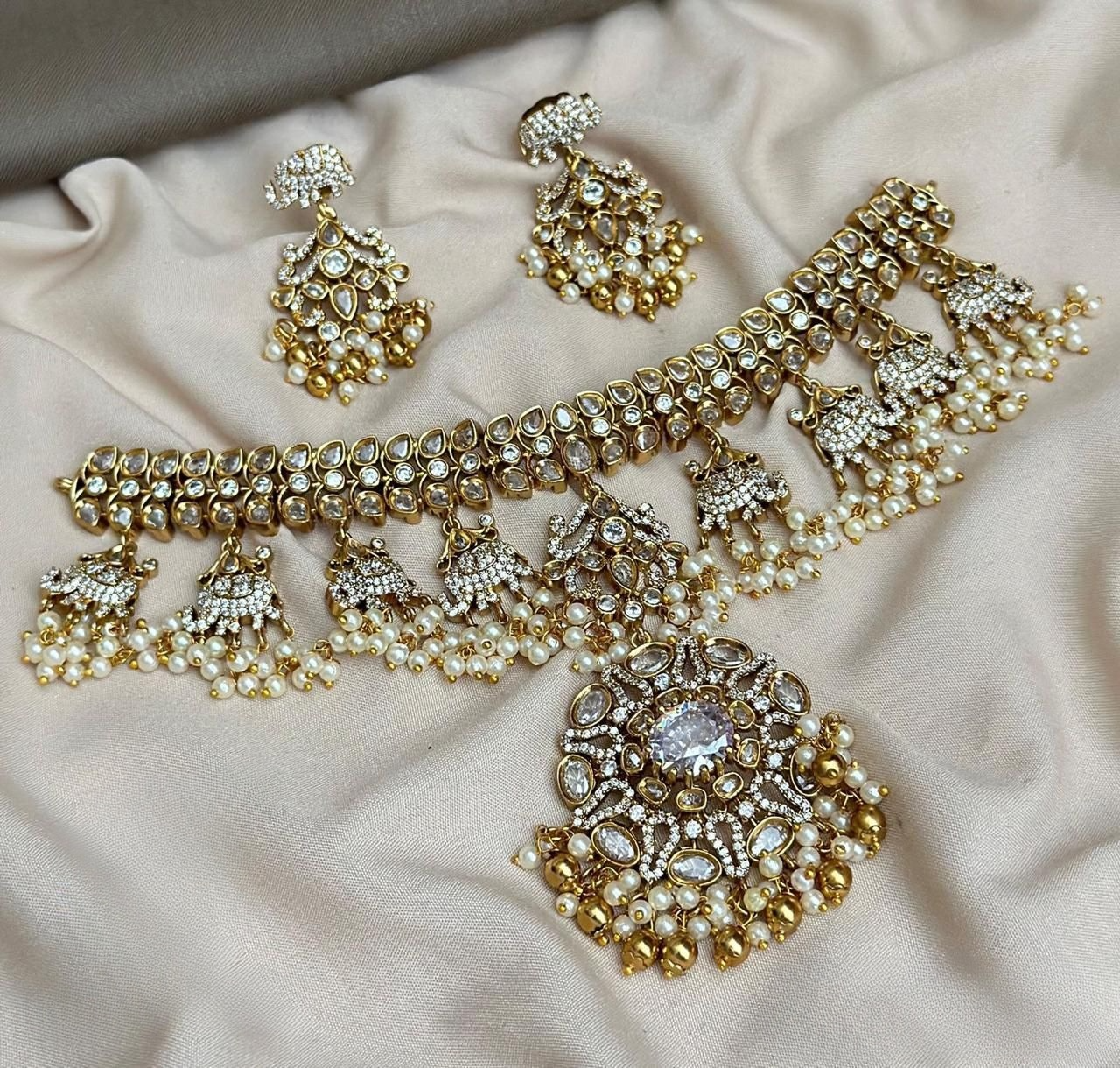 Premium Jadau Kundan stone Pearl hanging bridal choker Necklace Set product code 39