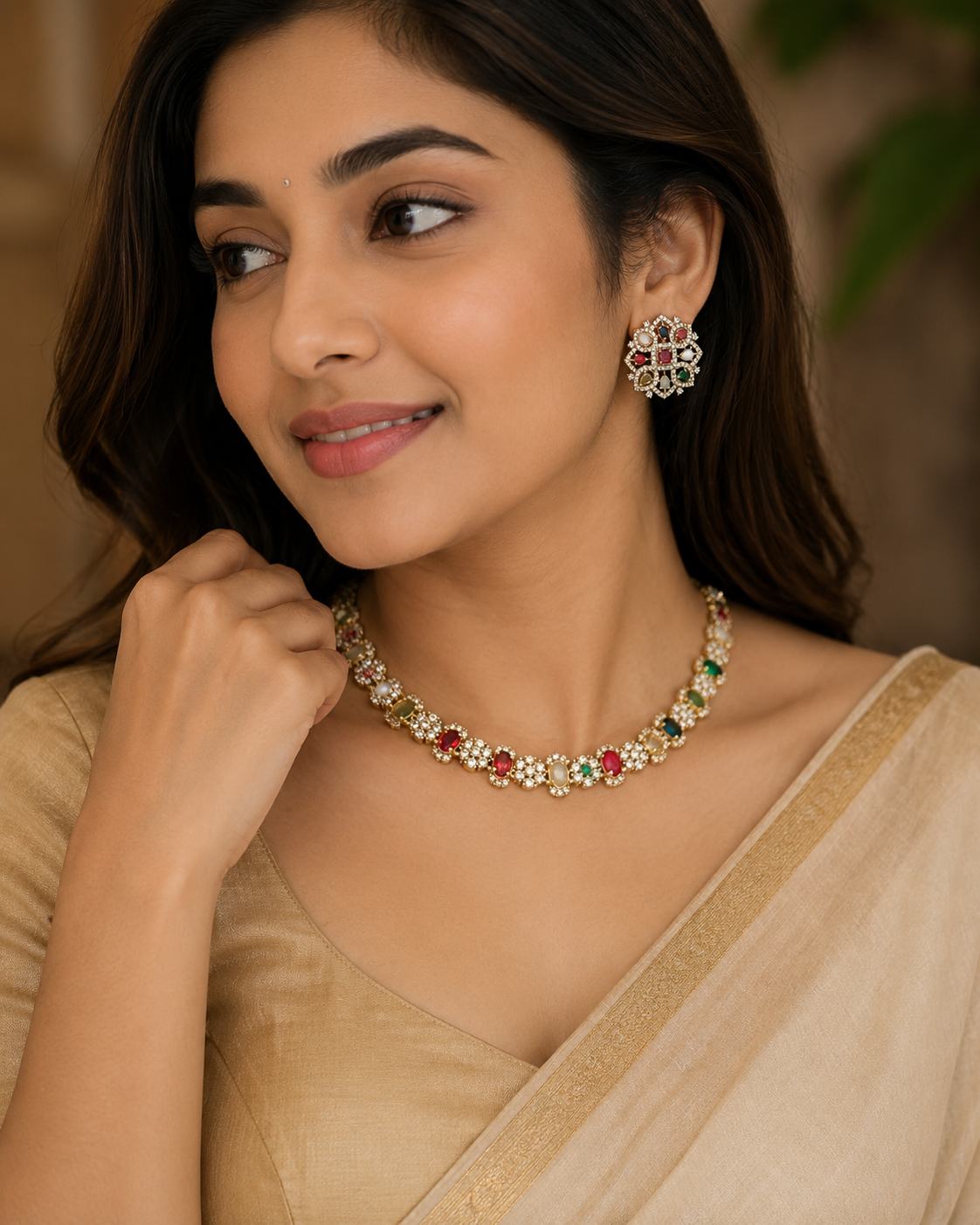 Premium ad navaratna necklace with stud product code Ad30