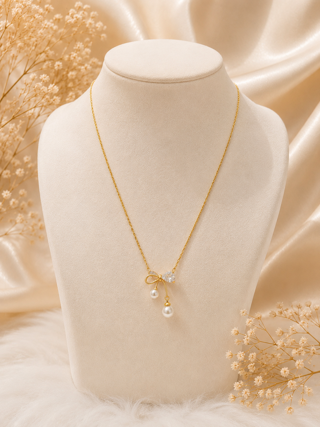 Premium anti tarnish bow shape pearl pendant with chain product code AT13