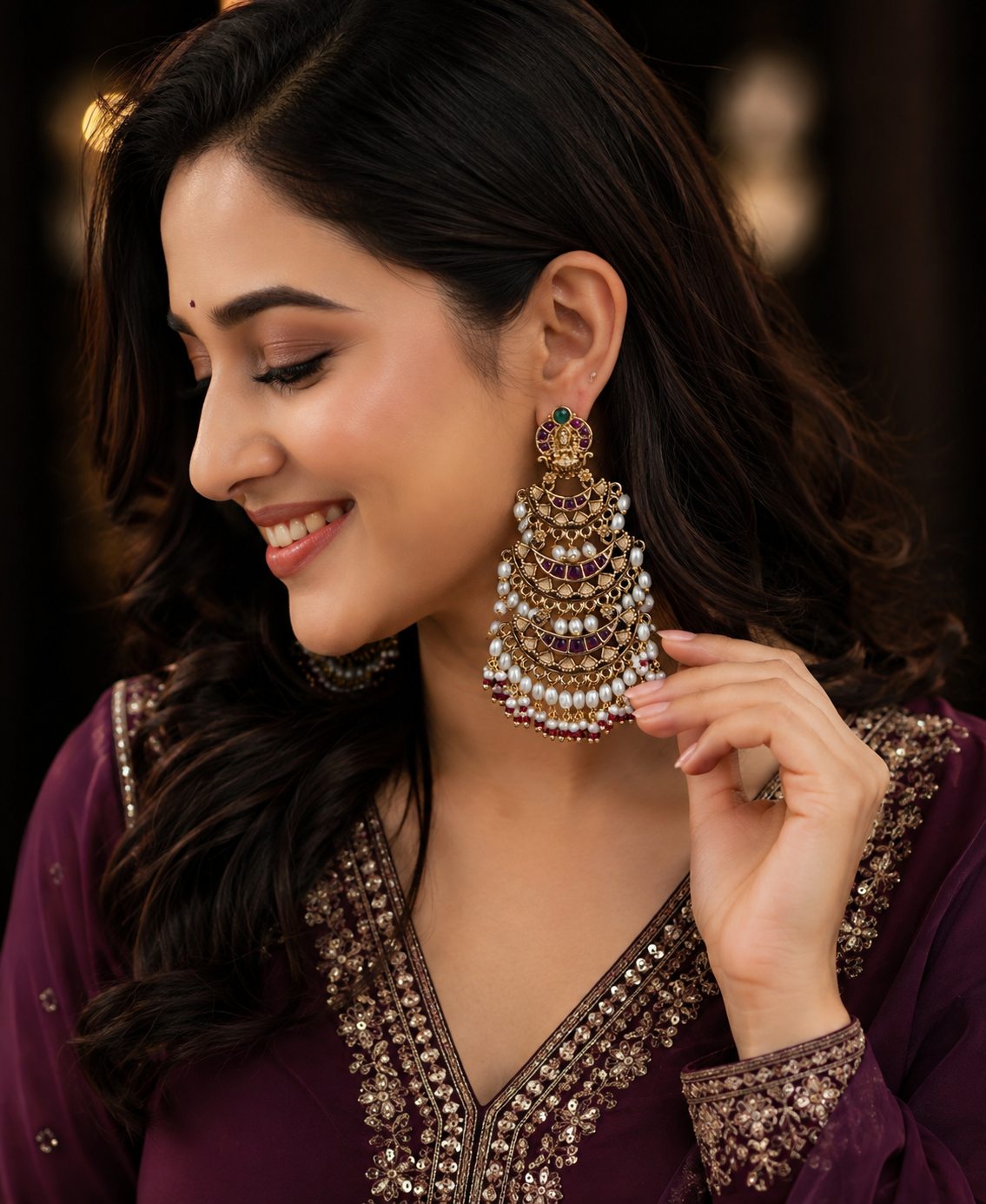Premium antique gold temple inspired layerwd rice pearl hanging jhumka product code E192