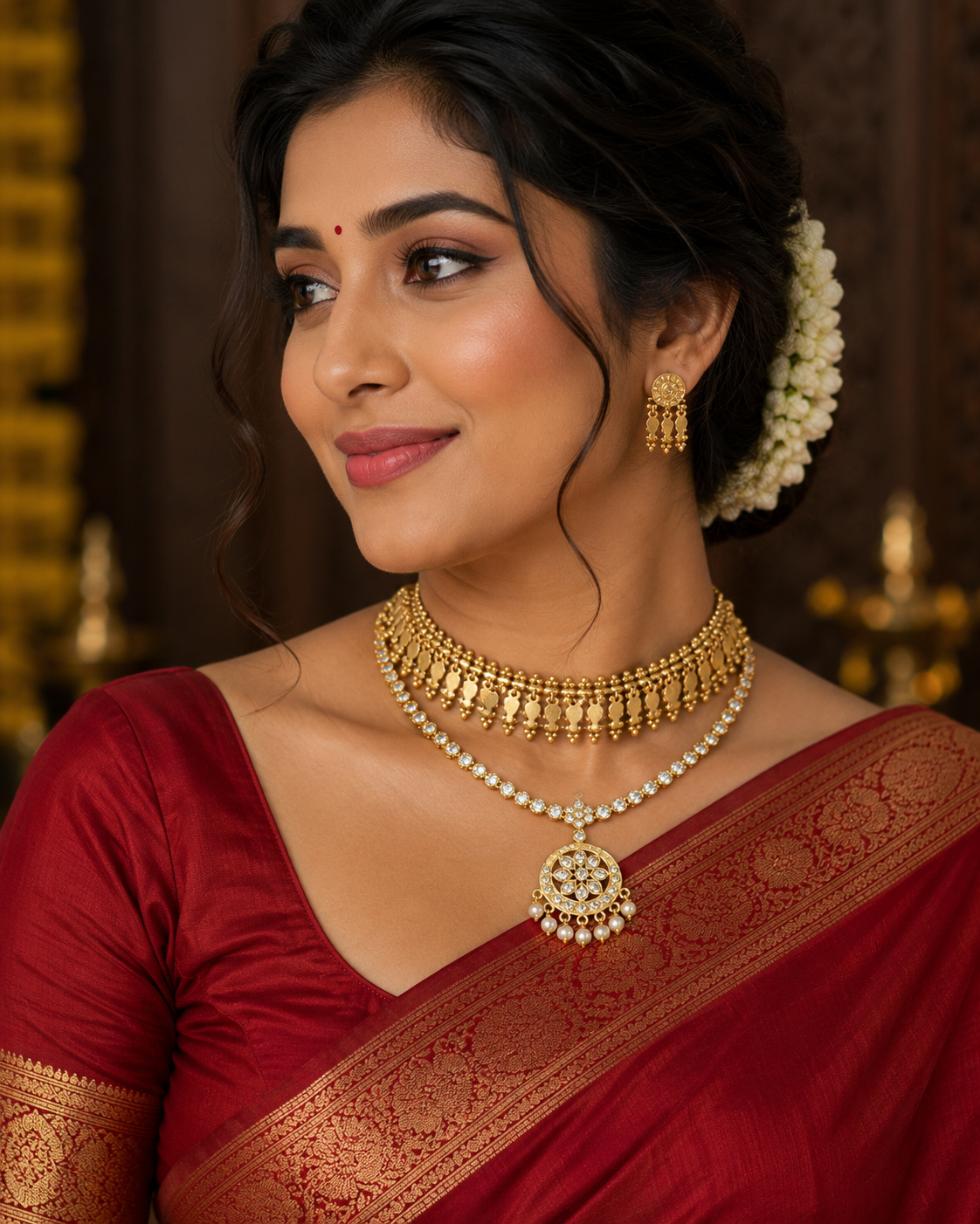 This combo of vintage-style necklace and antique gold-finish choker set features traditional South Indian Elakkathali leaf motifs and matching 2pair of earrings product code T116