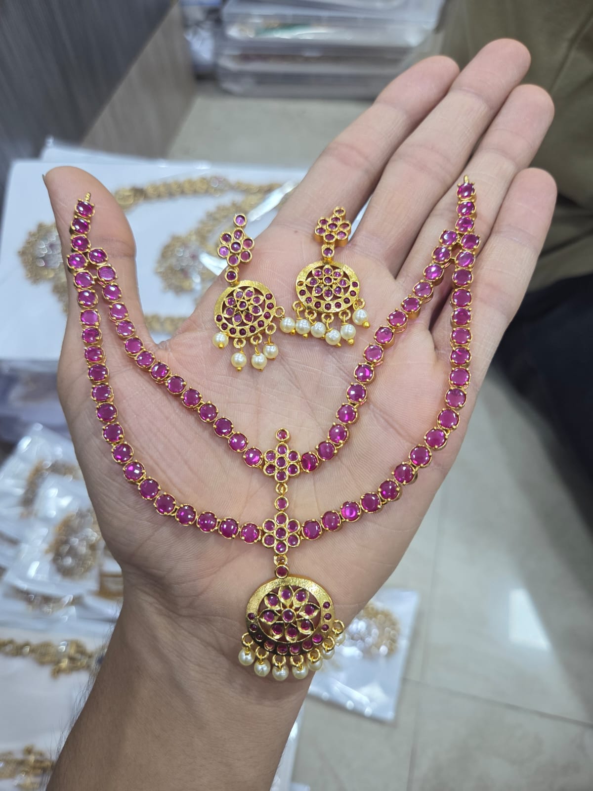 Premium gold plated double layer cz Attigai-style necklace set product code Ad32