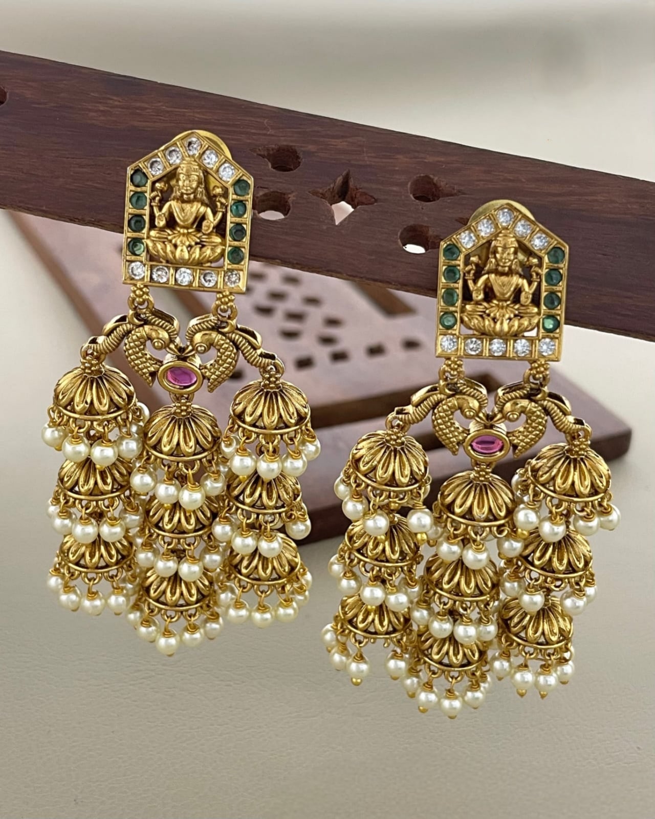 Lakshmi 3 layer jhumka with white beads product code E76