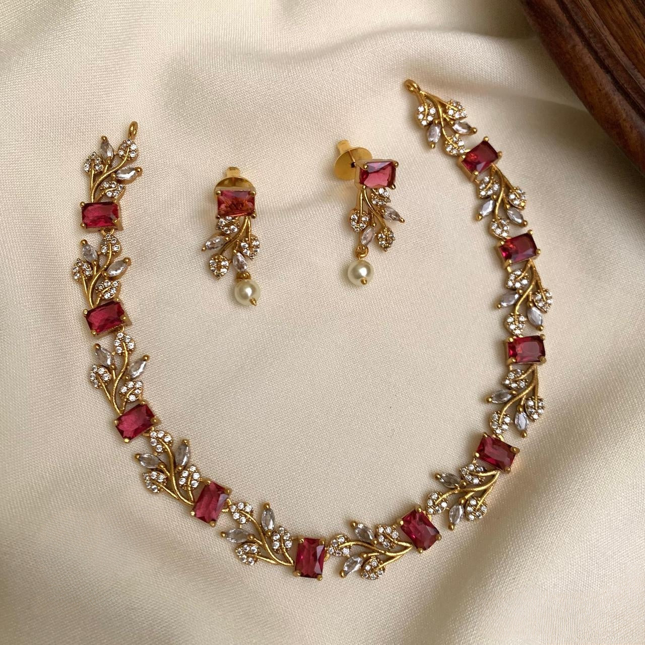Premium floral ad ruby necklace set product code C12