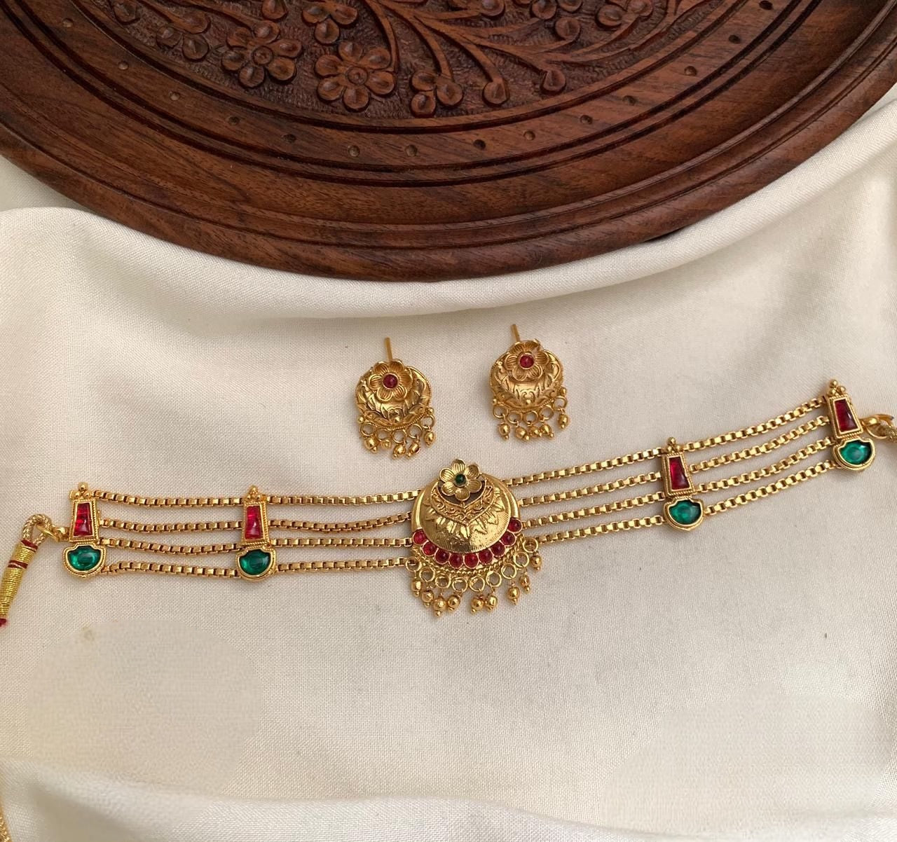 Premium gold plated traditional Kerala style choker set with ruby and emerald stones code T64