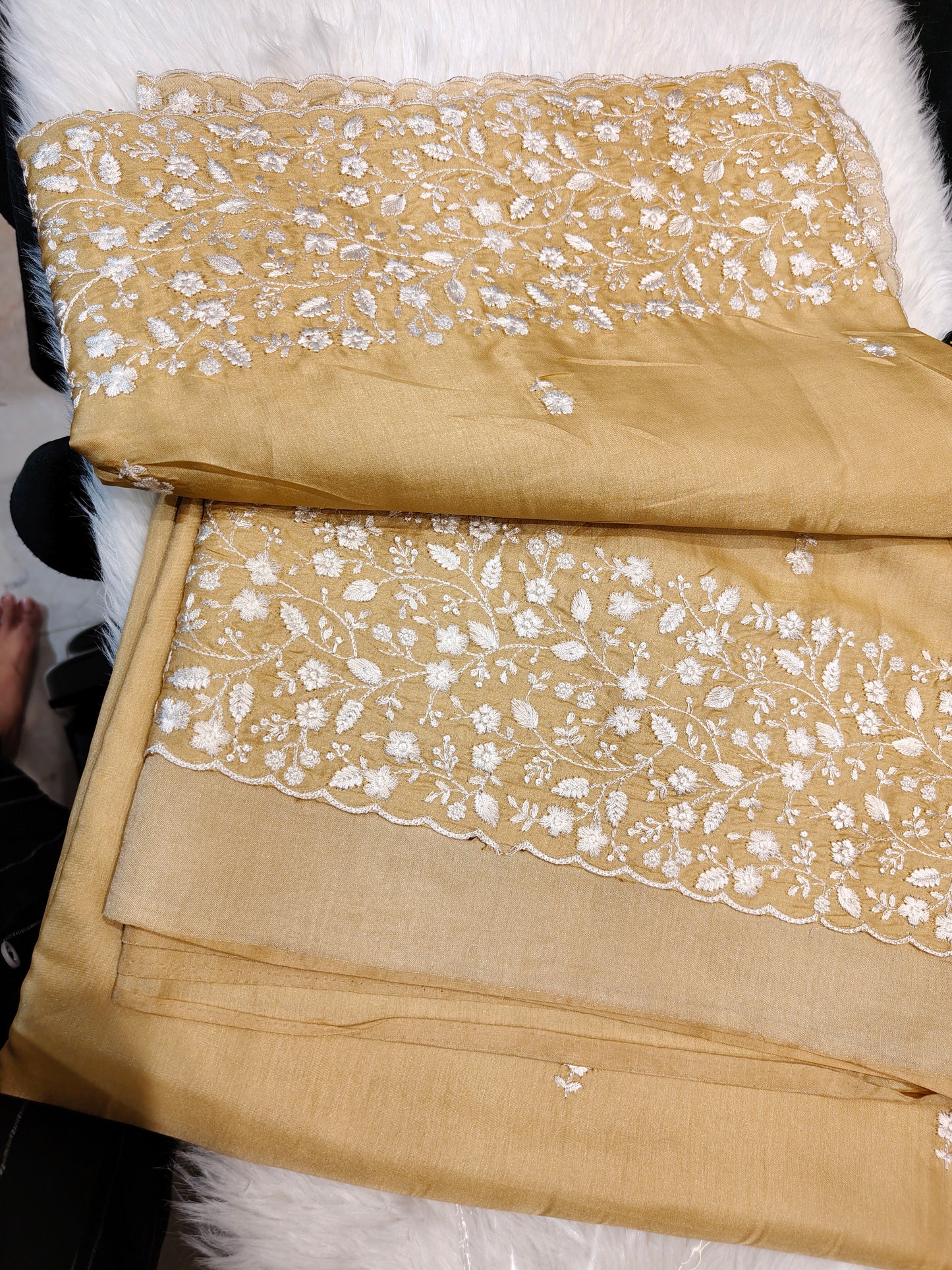 Premium quality mustard yellowe with full white thread embroidery in borders