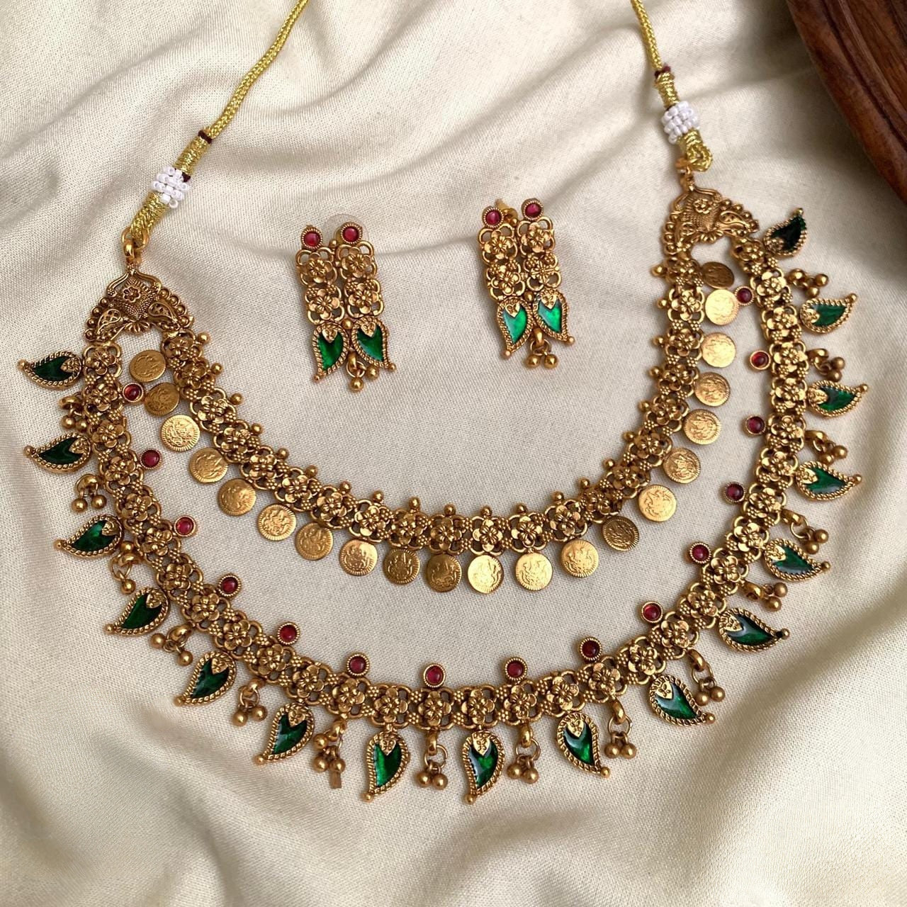 Premium traditional Lakhmi coin and palakka Manga 2layer necklace product code D209