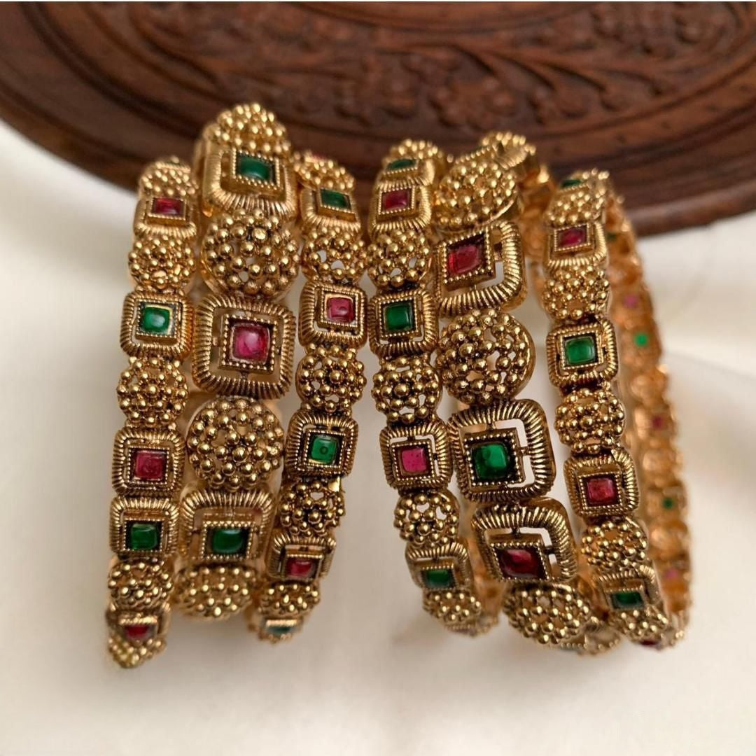 Premium antique gold floral bangles set of 6