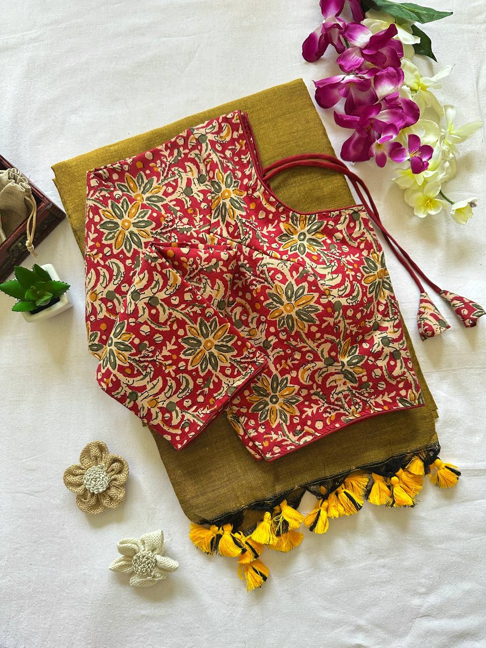 Pure khadi cotton saree with readymade full sleeve ajarkh print blouse