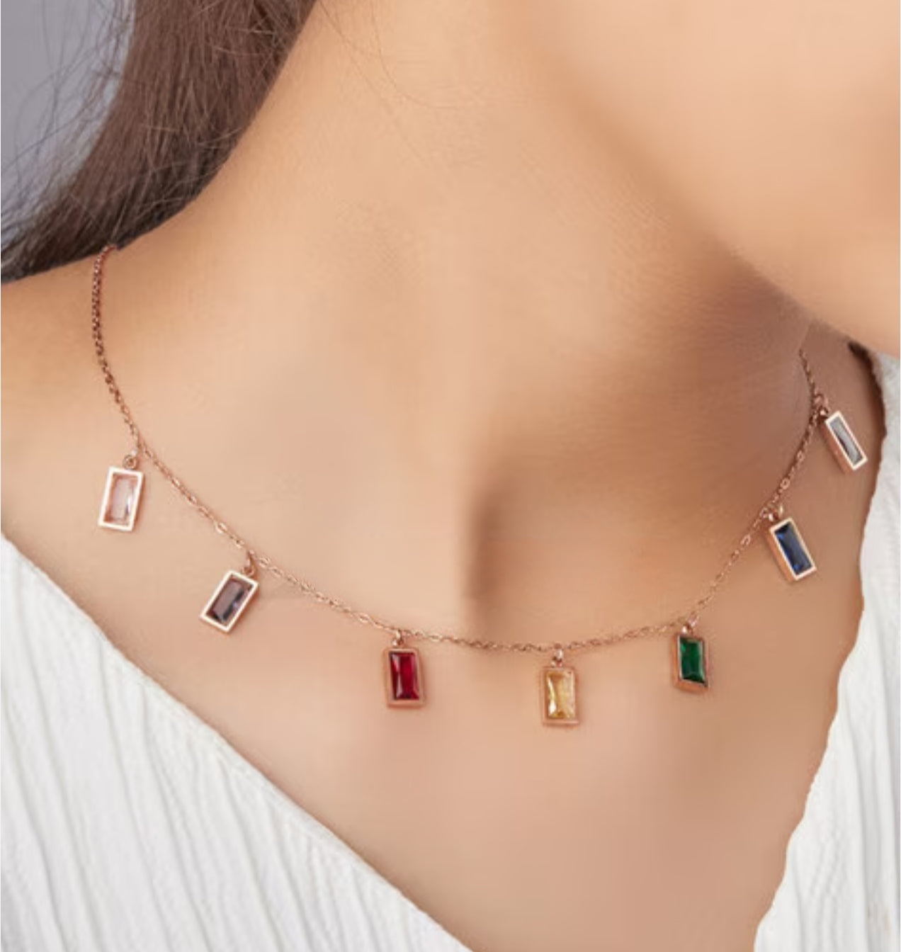Rose gold plated multi color zircon charm necklace product code N33
