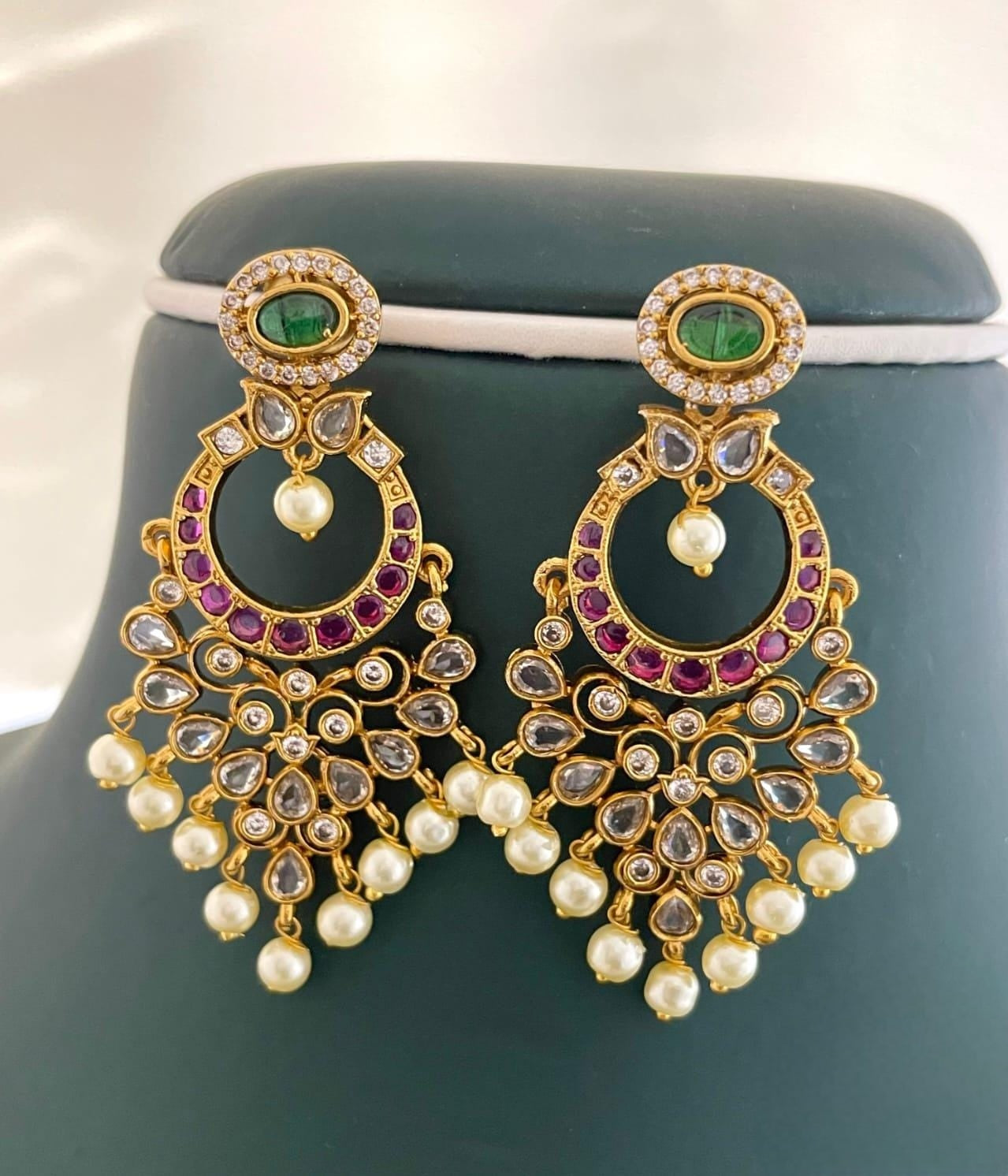 Premium quality antique gold kundan chandbali earings