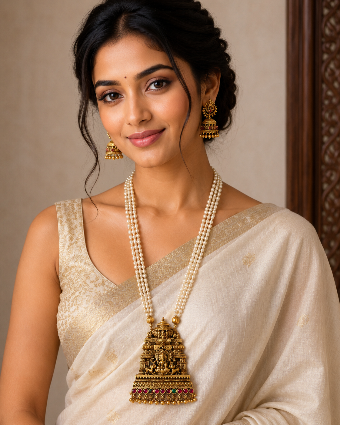 Premium antique mahalakshmi devi temple pendant 3layer pearl chain with jhumka product code T43