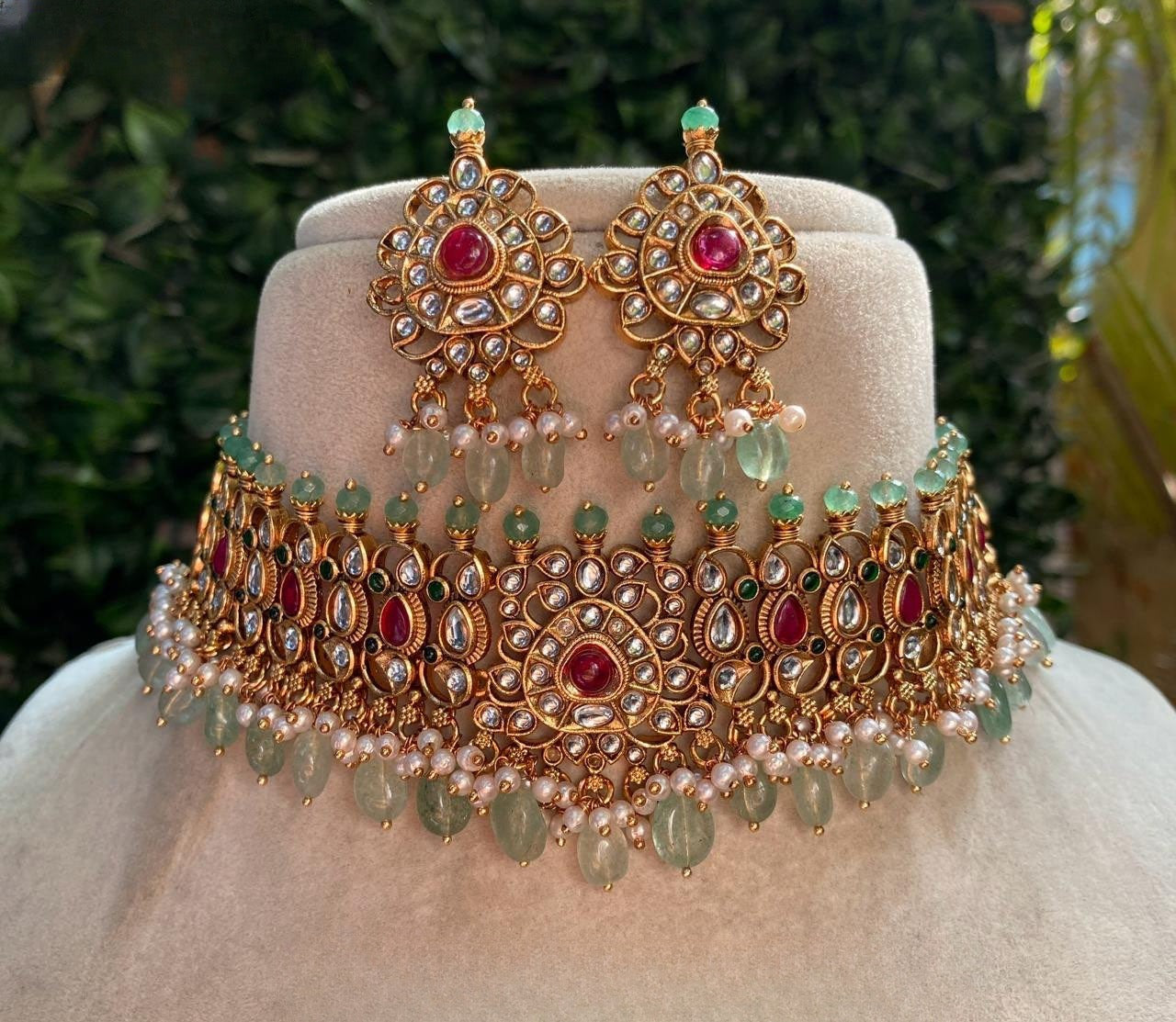 Gold plated Kundan stone pearl and beads choker set product code 825