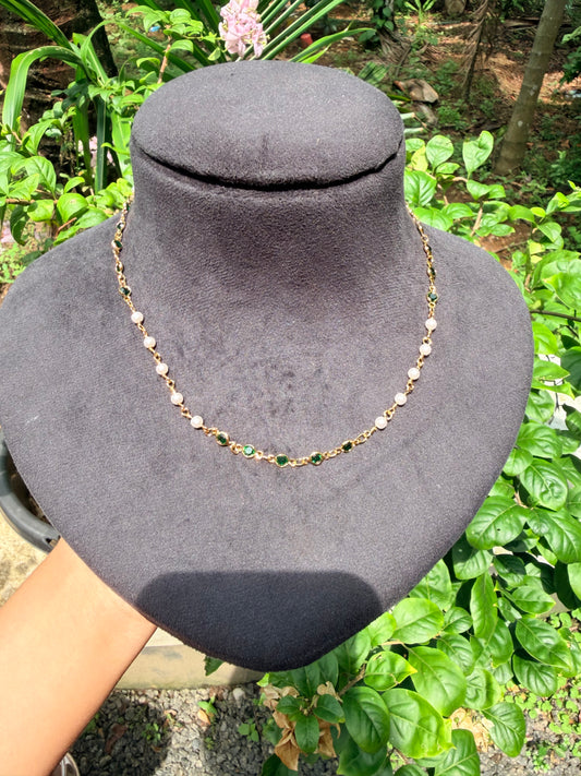 Premium gold plated daily wear one layer green beads with pearl necklace Product code P172