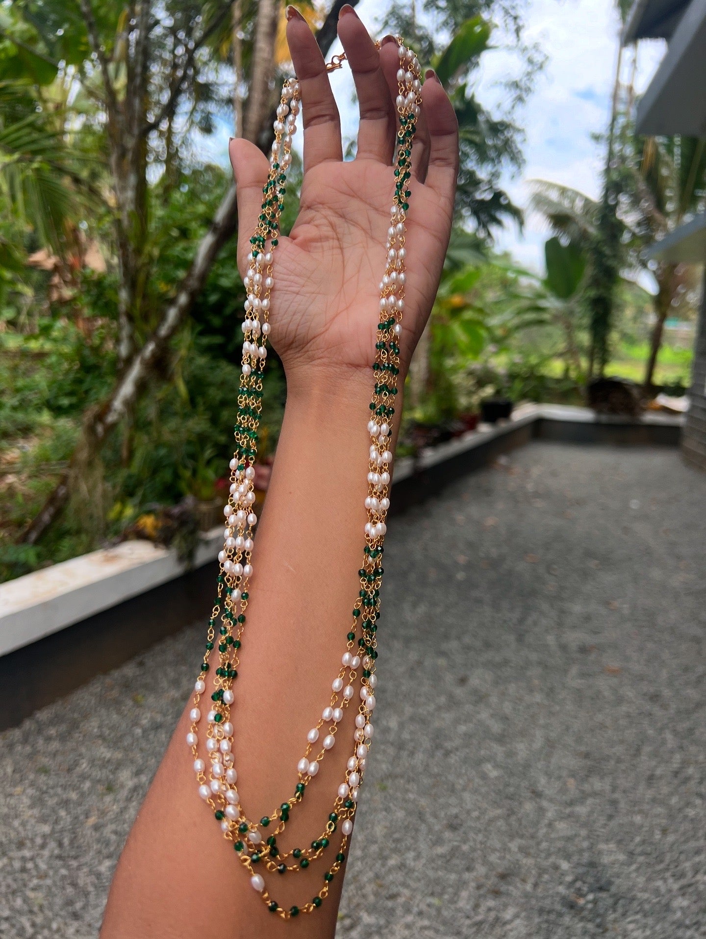 Premium 5layer green beads and pearl long haram (24inch ) product code P17