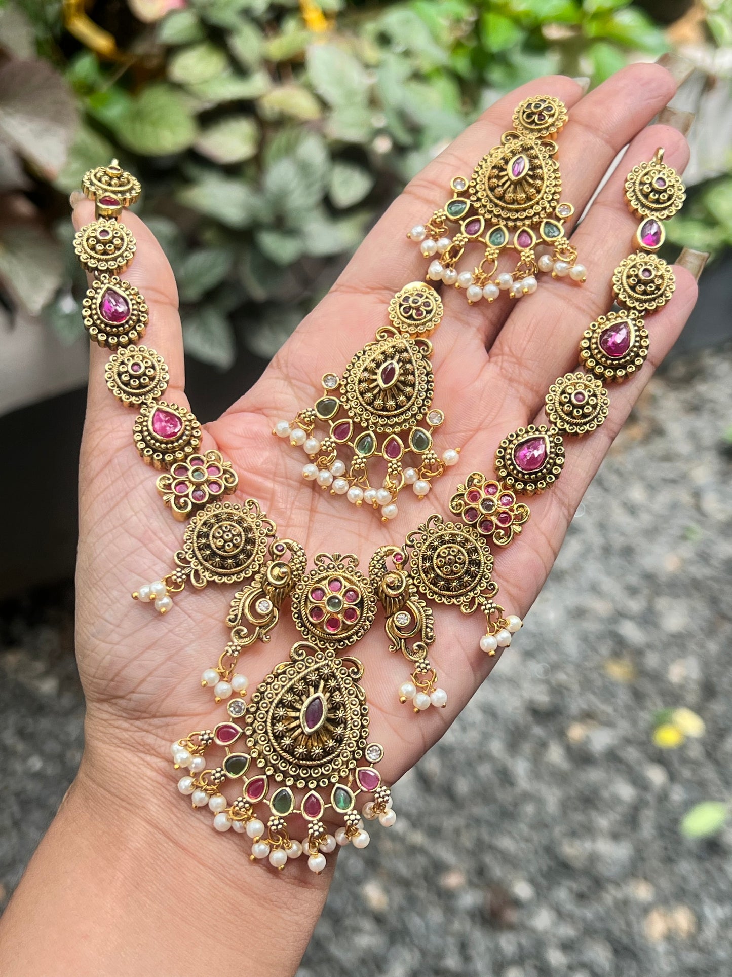 Premium quality antique gold ruby stone with peacock peal hanging necklace set product code T12